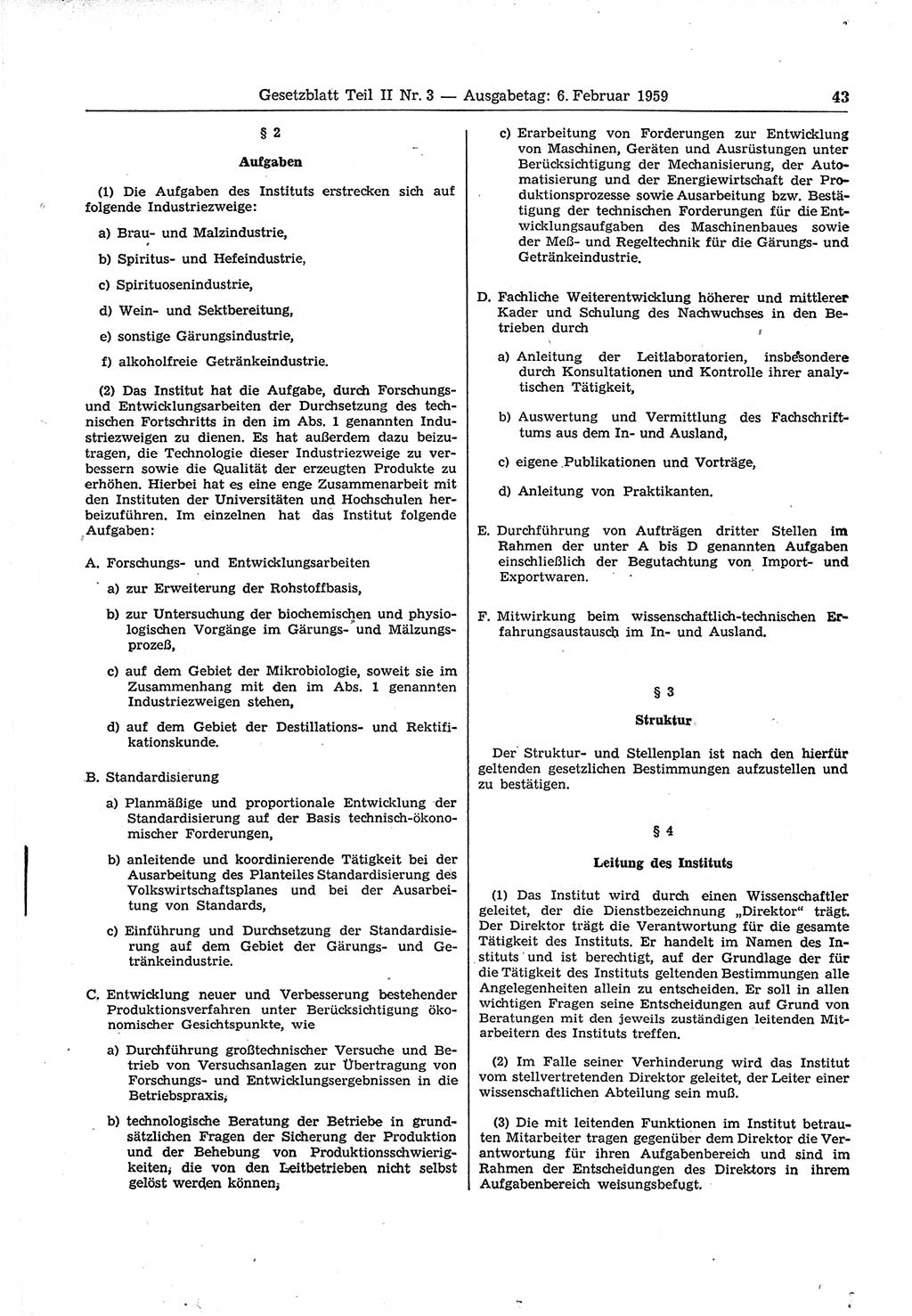 Gesetzblatt (GBl.) der Deutschen Demokratischen Republik (DDR) Teil ⅠⅠ 1959, Seite 43 (GBl. DDR ⅠⅠ 1959, S. 43)