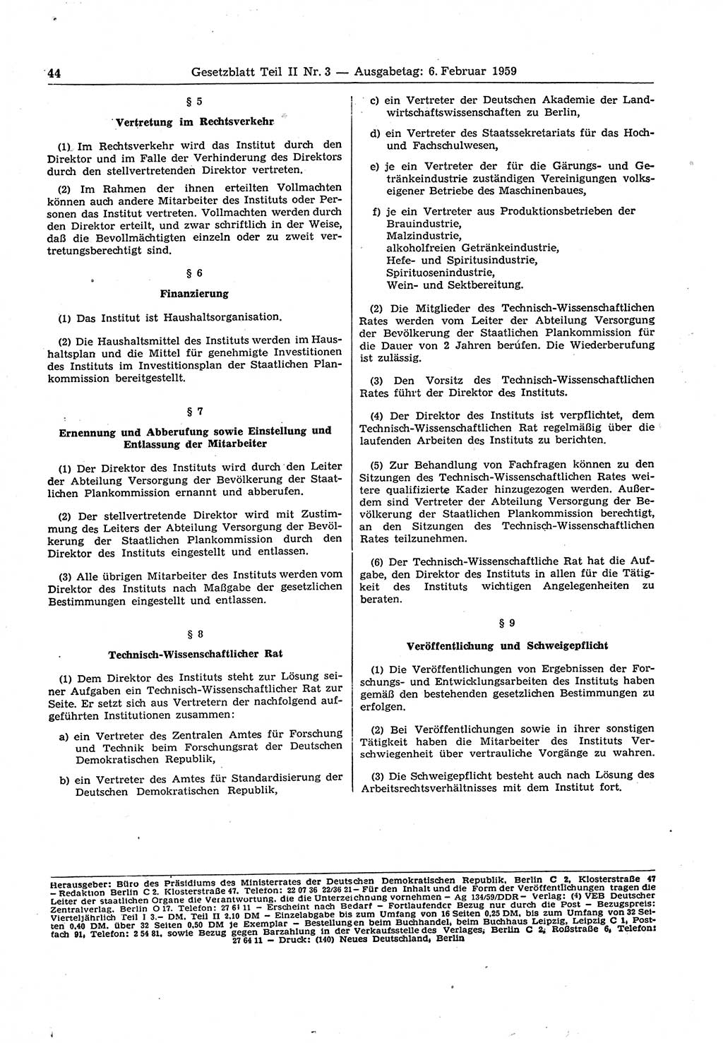 Gesetzblatt (GBl.) der Deutschen Demokratischen Republik (DDR) Teil ⅠⅠ 1959, Seite 44 (GBl. DDR ⅠⅠ 1959, S. 44)