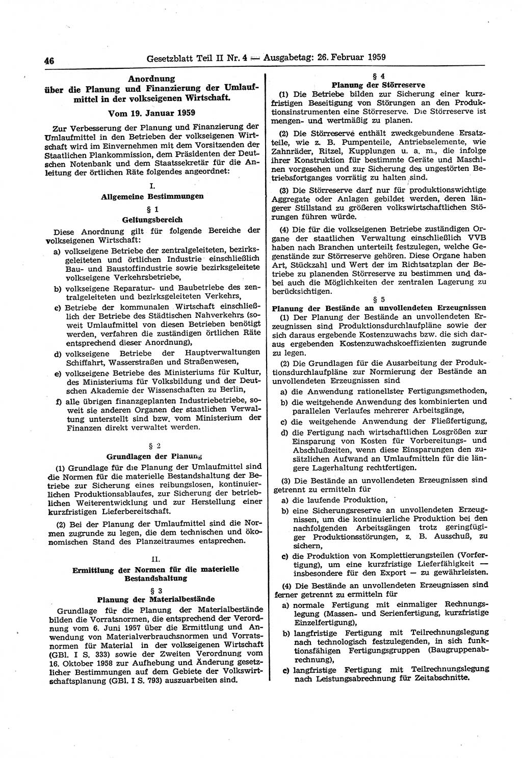 Gesetzblatt (GBl.) der Deutschen Demokratischen Republik (DDR) Teil ⅠⅠ 1959, Seite 46 (GBl. DDR ⅠⅠ 1959, S. 46)