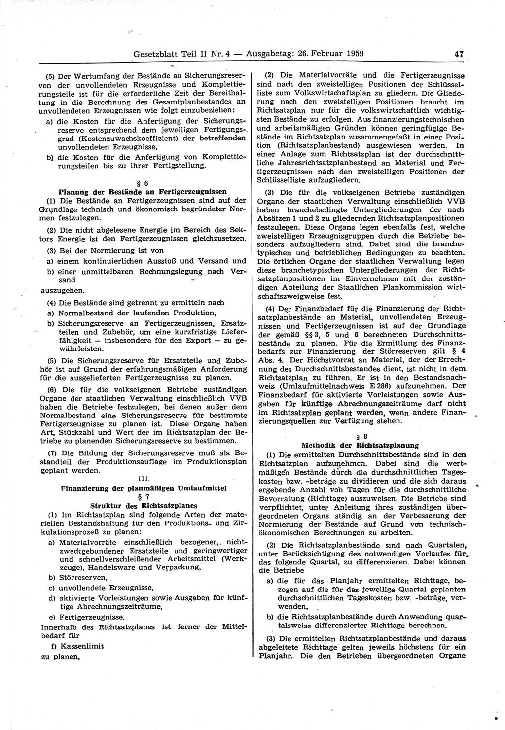 Gesetzblatt (GBl.) der Deutschen Demokratischen Republik (DDR) Teil ⅠⅠ 1959, Seite 47 (GBl. DDR ⅠⅠ 1959, S. 47)