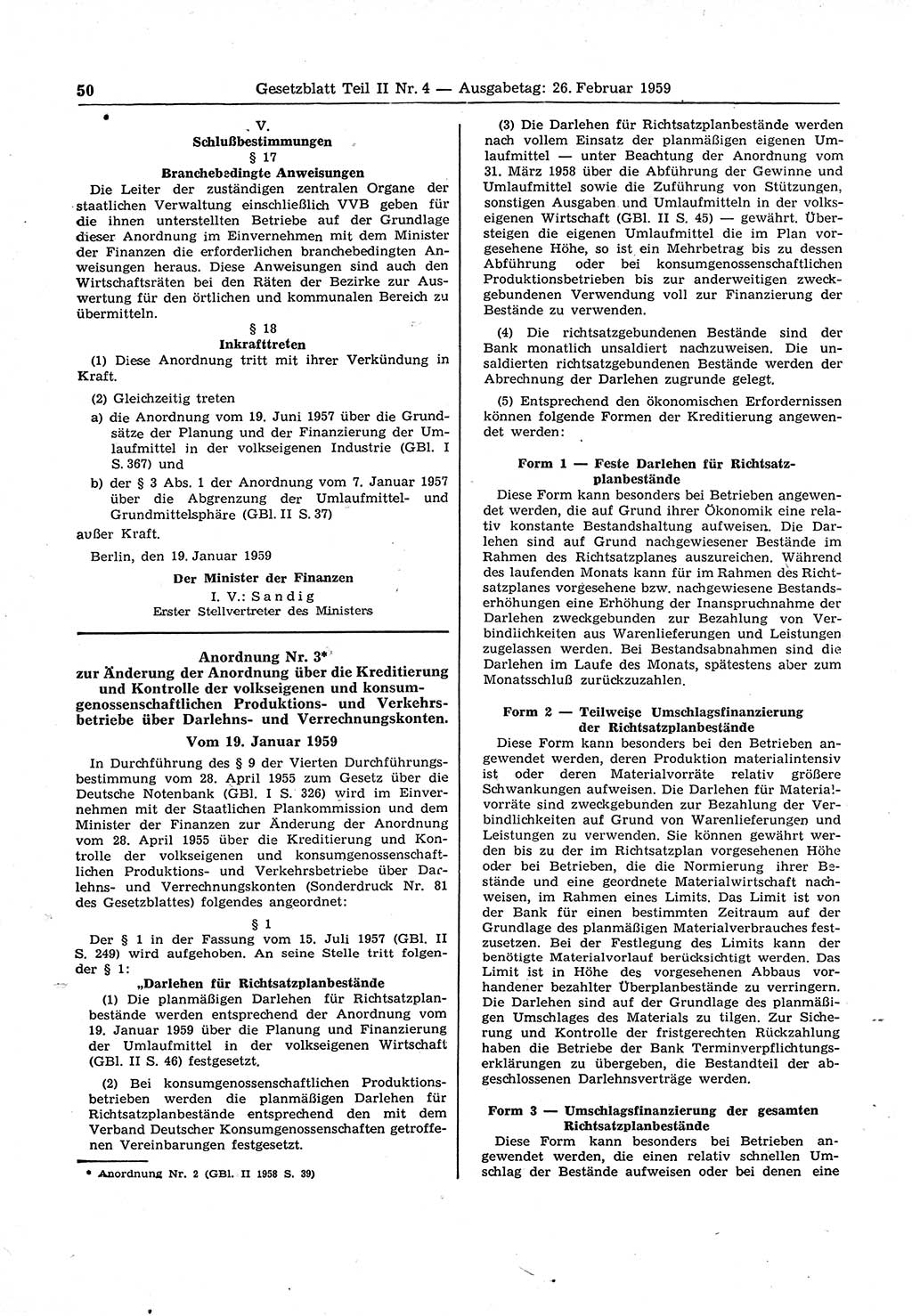 Gesetzblatt (GBl.) der Deutschen Demokratischen Republik (DDR) Teil ⅠⅠ 1959, Seite 50 (GBl. DDR ⅠⅠ 1959, S. 50)