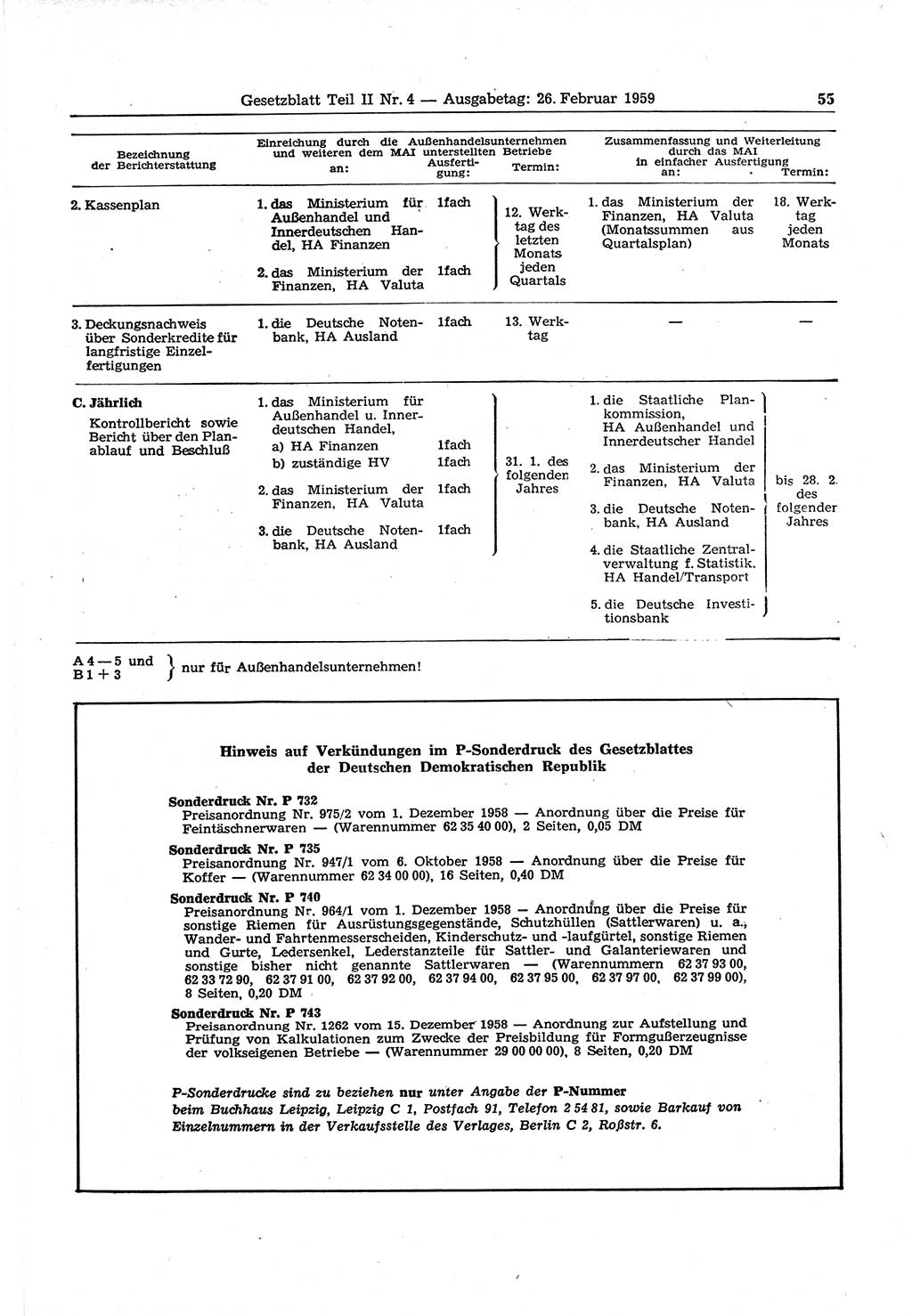 Gesetzblatt (GBl.) der Deutschen Demokratischen Republik (DDR) Teil ⅠⅠ 1959, Seite 55 (GBl. DDR ⅠⅠ 1959, S. 55)