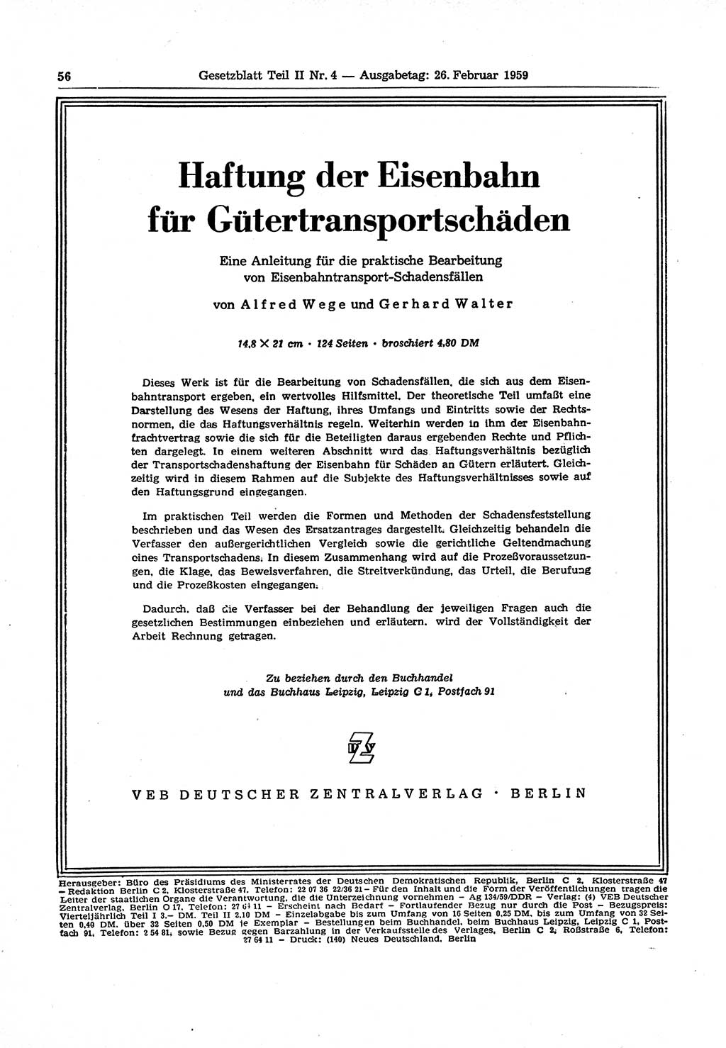 Gesetzblatt (GBl.) der Deutschen Demokratischen Republik (DDR) Teil ⅠⅠ 1959, Seite 56 (GBl. DDR ⅠⅠ 1959, S. 56)