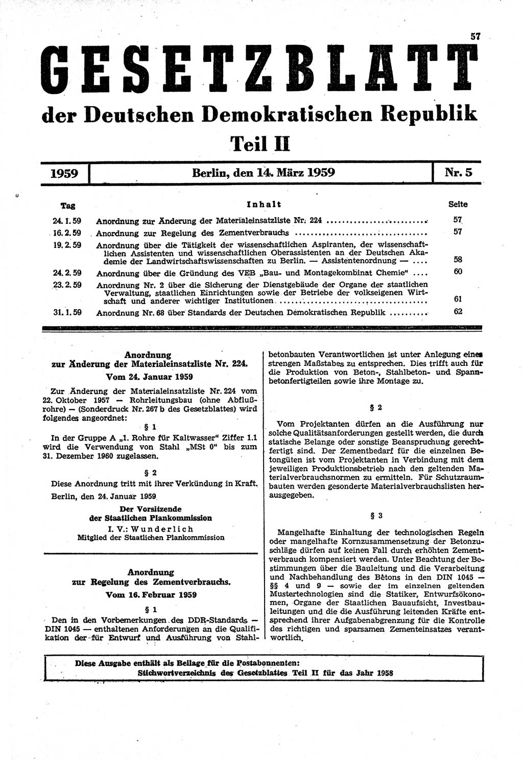 Gesetzblatt (GBl.) der Deutschen Demokratischen Republik (DDR) Teil ⅠⅠ 1959, Seite 57 (GBl. DDR ⅠⅠ 1959, S. 57)