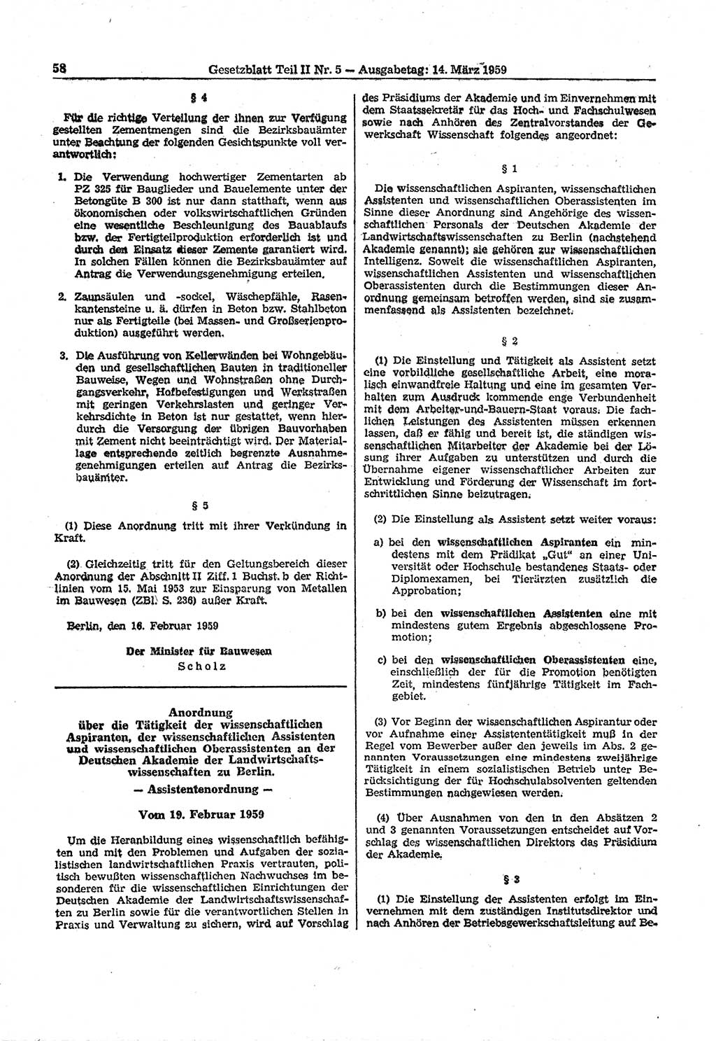Gesetzblatt (GBl.) der Deutschen Demokratischen Republik (DDR) Teil ⅠⅠ 1959, Seite 58 (GBl. DDR ⅠⅠ 1959, S. 58)