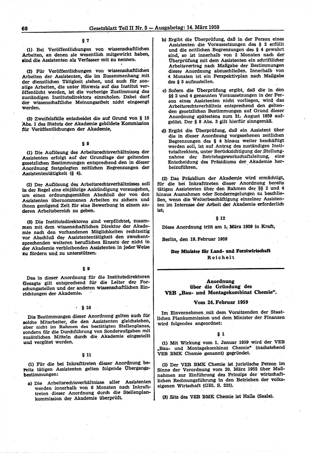 Gesetzblatt (GBl.) der Deutschen Demokratischen Republik (DDR) Teil ⅠⅠ 1959, Seite 60 (GBl. DDR ⅠⅠ 1959, S. 60)