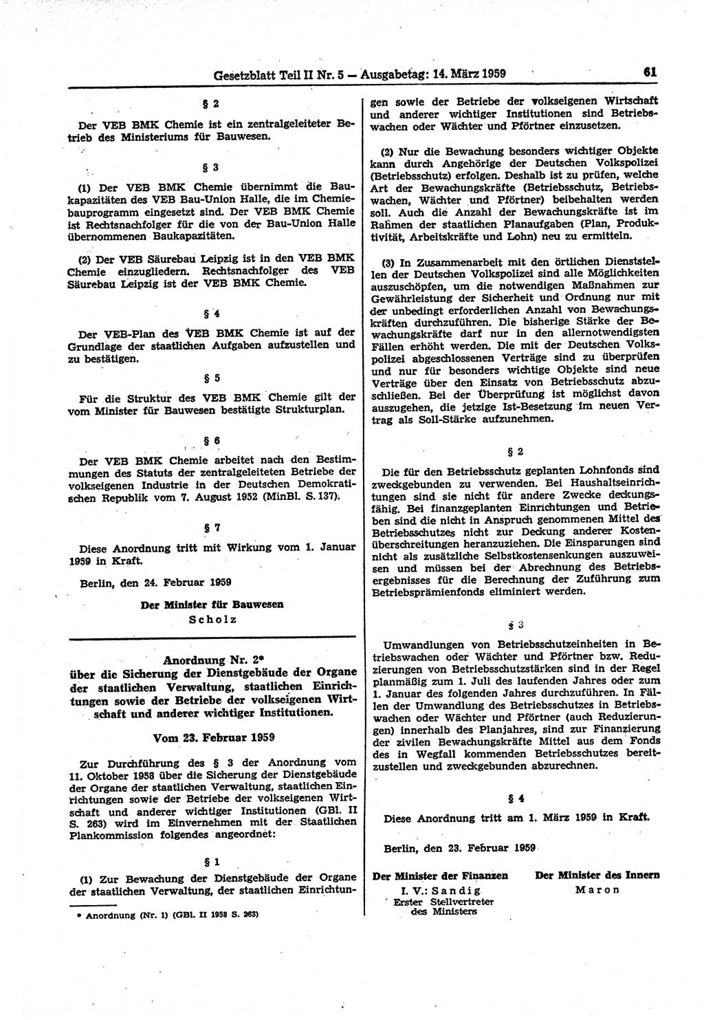 Gesetzblatt (GBl.) der Deutschen Demokratischen Republik (DDR) Teil ⅠⅠ 1959, Seite 61 (GBl. DDR ⅠⅠ 1959, S. 61)