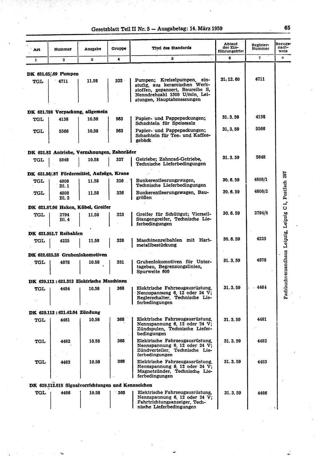 Gesetzblatt (GBl.) der Deutschen Demokratischen Republik (DDR) Teil ⅠⅠ 1959, Seite 65 (GBl. DDR ⅠⅠ 1959, S. 65)