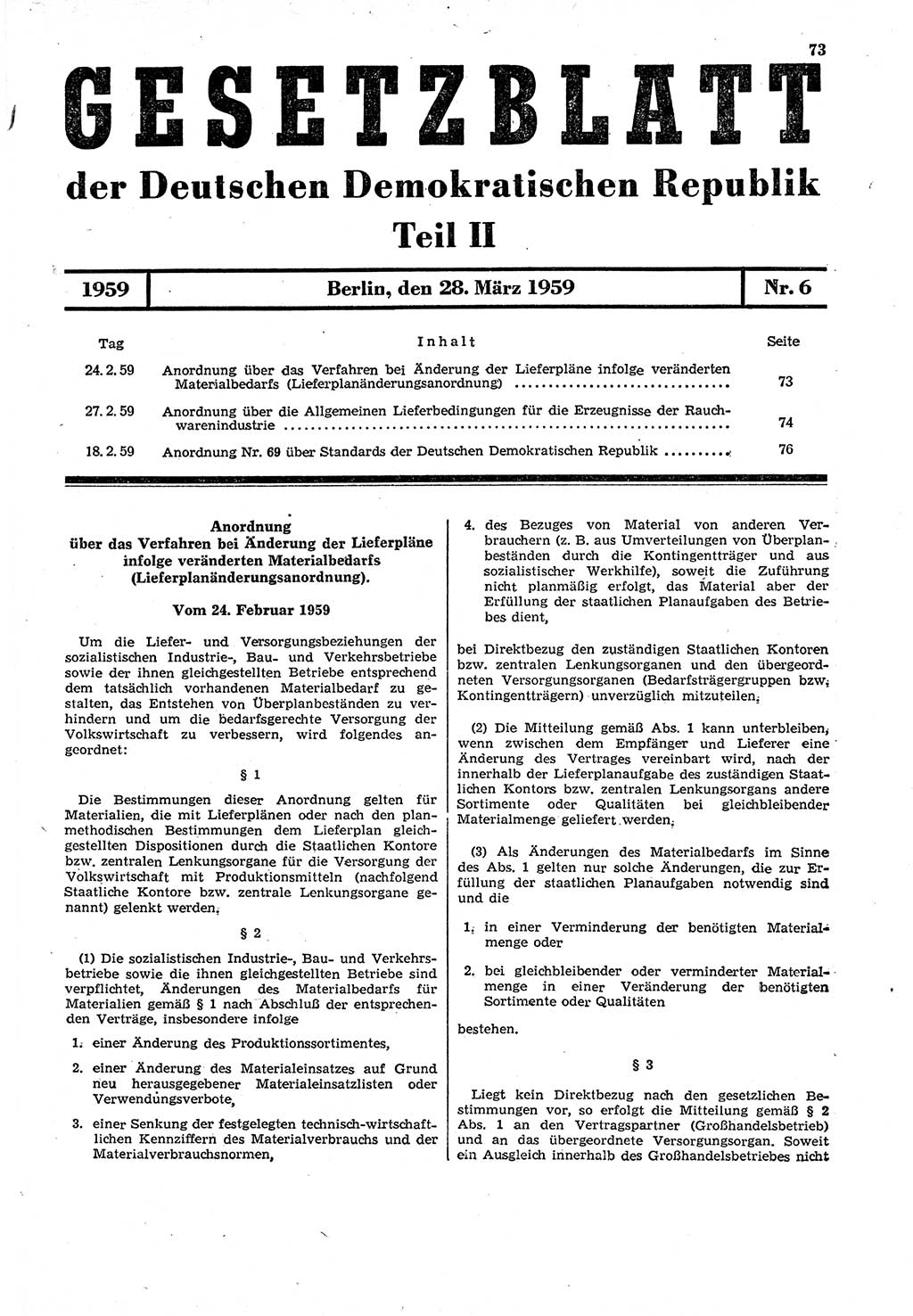 Gesetzblatt (GBl.) der Deutschen Demokratischen Republik (DDR) Teil ⅠⅠ 1959, Seite 73 (GBl. DDR ⅠⅠ 1959, S. 73)