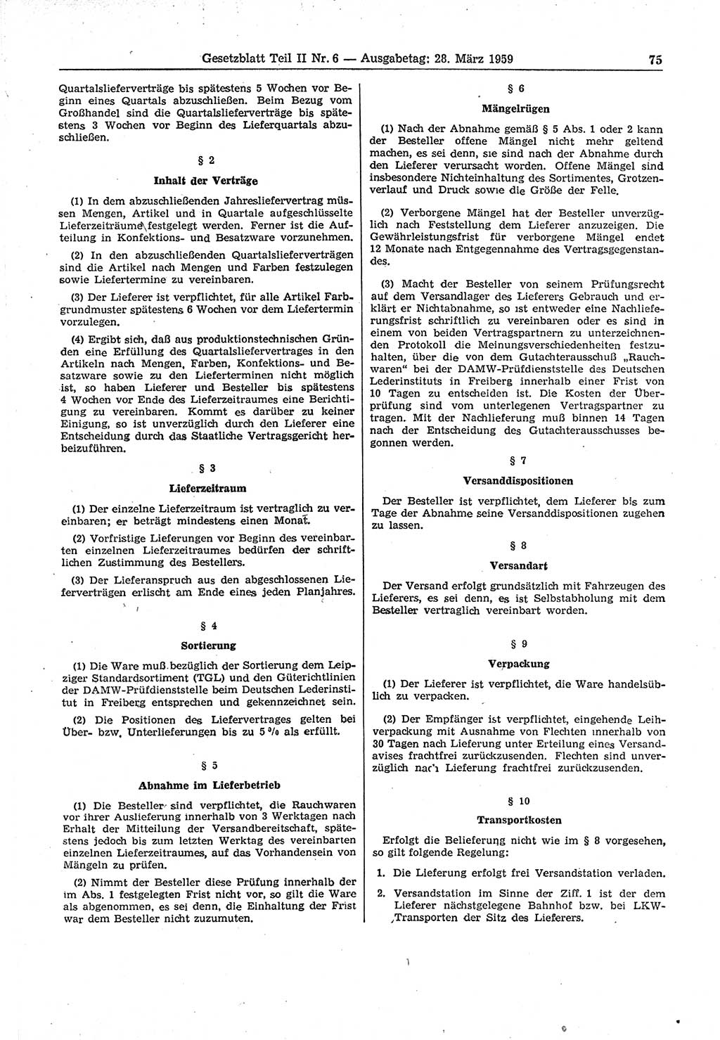 Gesetzblatt (GBl.) der Deutschen Demokratischen Republik (DDR) Teil ⅠⅠ 1959, Seite 75 (GBl. DDR ⅠⅠ 1959, S. 75)