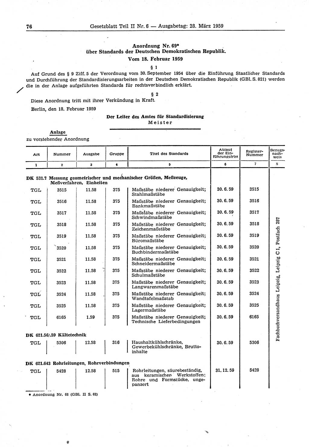Gesetzblatt (GBl.) der Deutschen Demokratischen Republik (DDR) Teil ⅠⅠ 1959, Seite 76 (GBl. DDR ⅠⅠ 1959, S. 76)