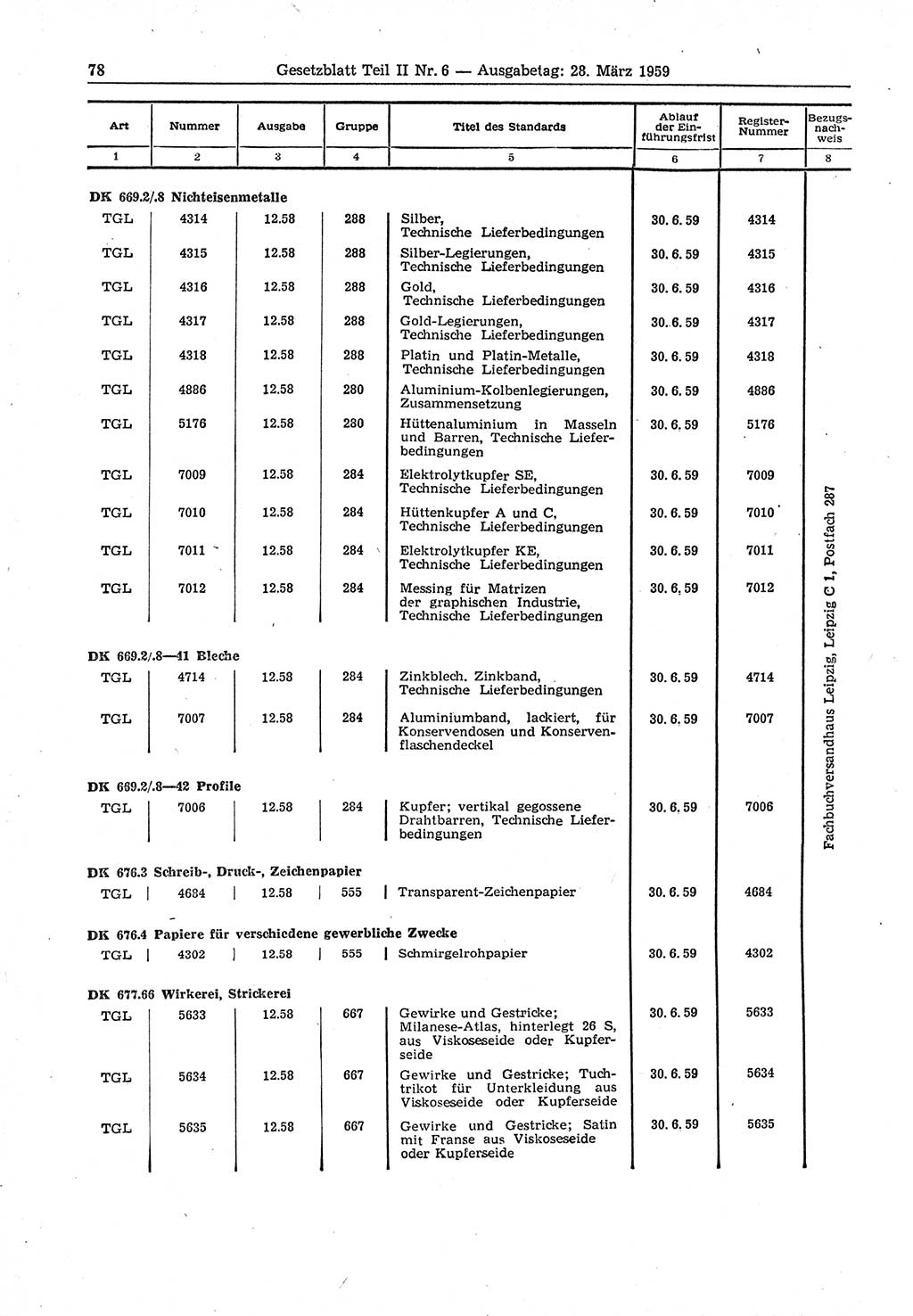 Gesetzblatt (GBl.) der Deutschen Demokratischen Republik (DDR) Teil ⅠⅠ 1959, Seite 78 (GBl. DDR ⅠⅠ 1959, S. 78)