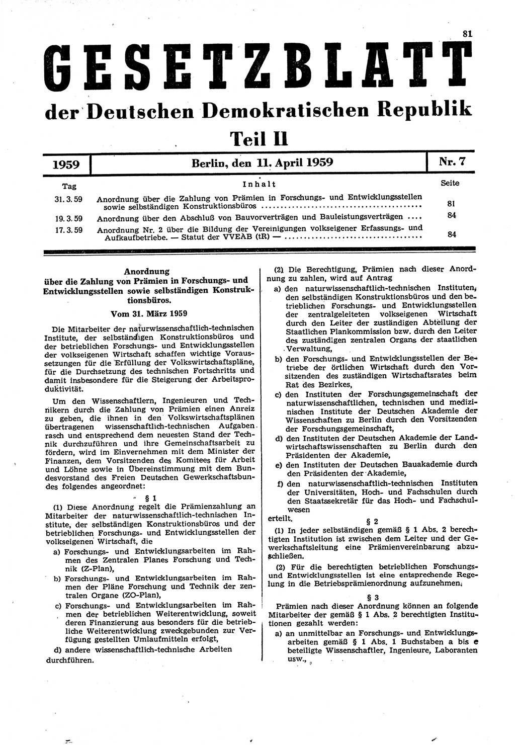 Gesetzblatt (GBl.) der Deutschen Demokratischen Republik (DDR) Teil ⅠⅠ 1959, Seite 81 (GBl. DDR ⅠⅠ 1959, S. 81)