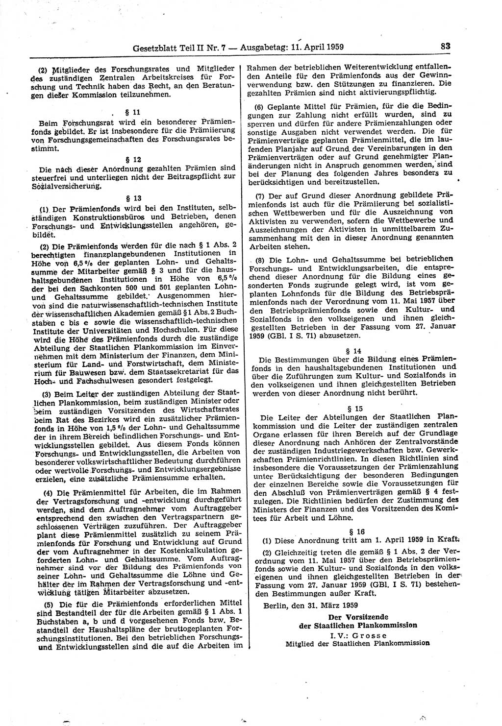 Gesetzblatt (GBl.) der Deutschen Demokratischen Republik (DDR) Teil ⅠⅠ 1959, Seite 83 (GBl. DDR ⅠⅠ 1959, S. 83)