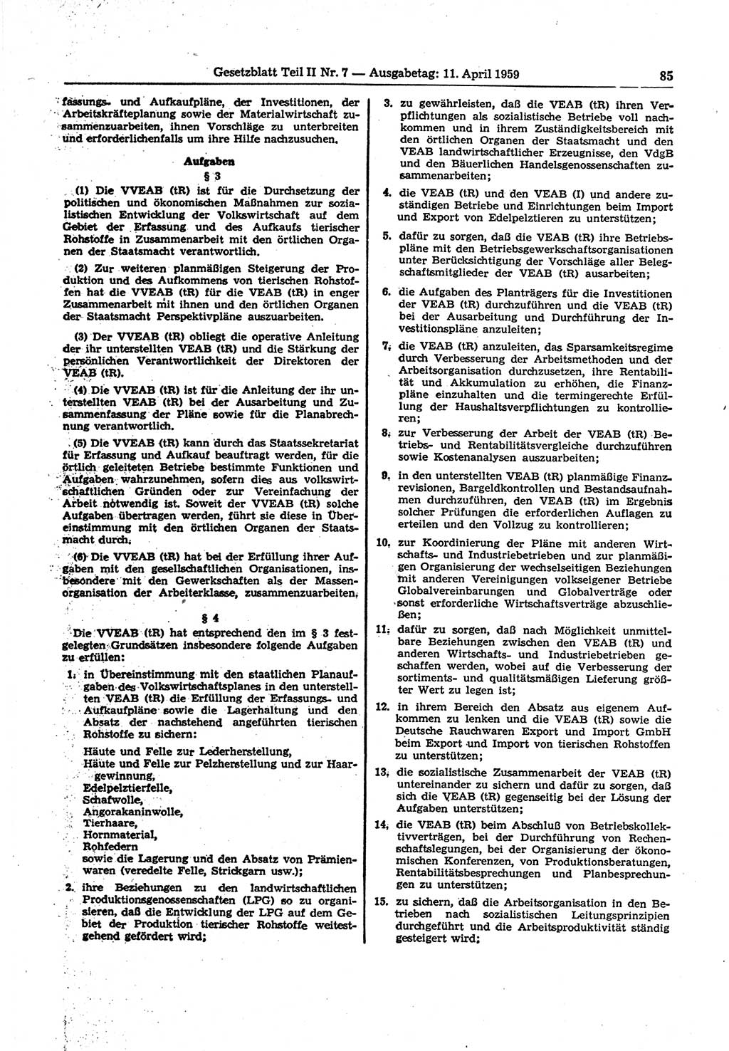 Gesetzblatt (GBl.) der Deutschen Demokratischen Republik (DDR) Teil ⅠⅠ 1959, Seite 85 (GBl. DDR ⅠⅠ 1959, S. 85)