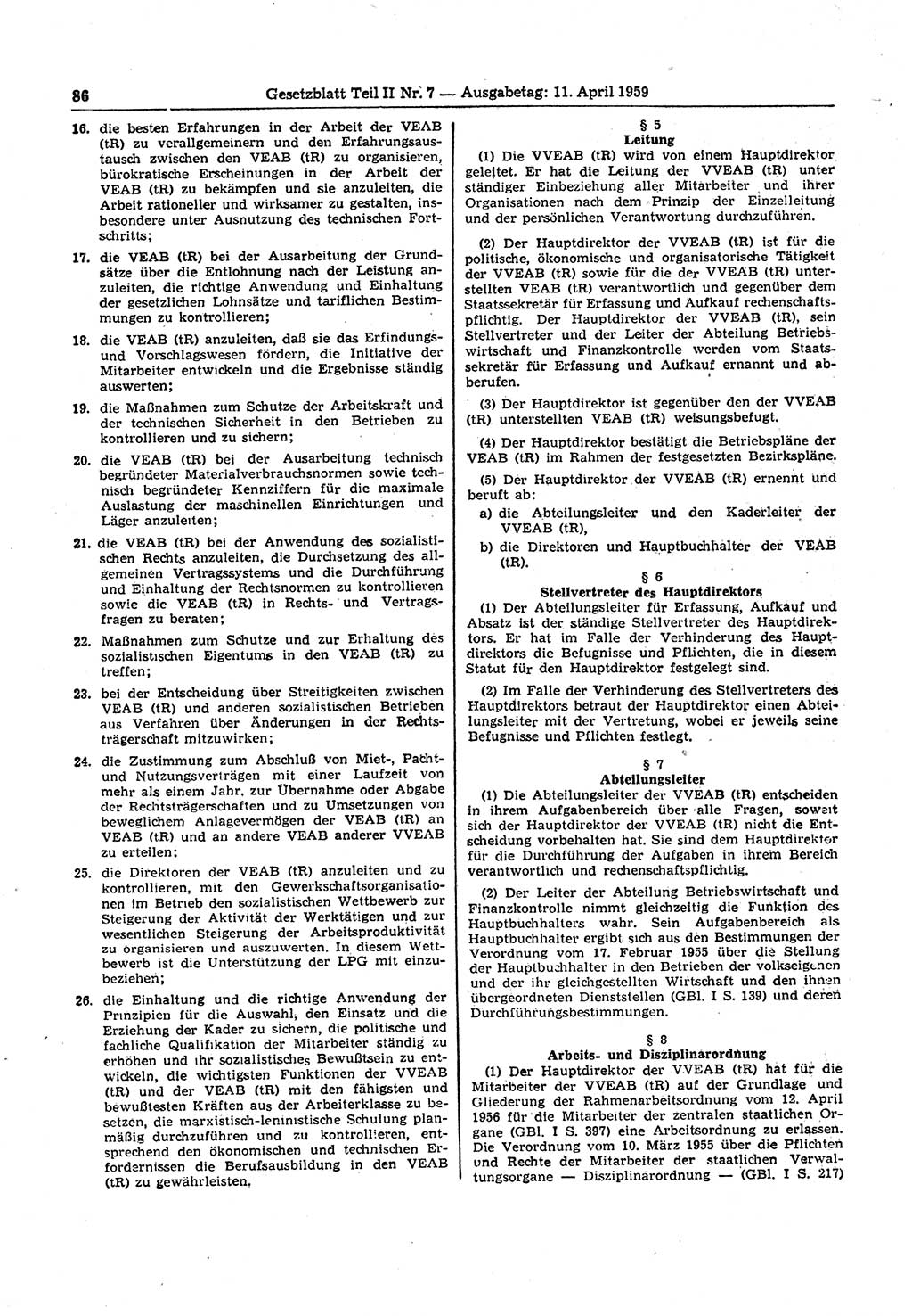 Gesetzblatt (GBl.) der Deutschen Demokratischen Republik (DDR) Teil ⅠⅠ 1959, Seite 86 (GBl. DDR ⅠⅠ 1959, S. 86)