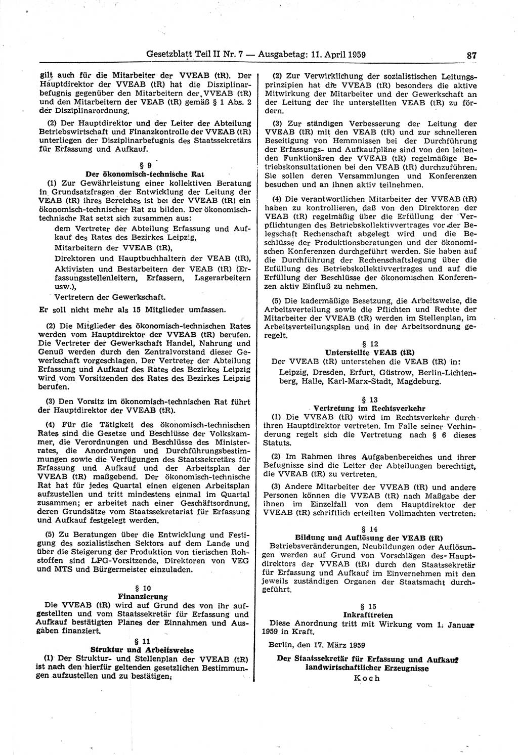 Gesetzblatt (GBl.) der Deutschen Demokratischen Republik (DDR) Teil ⅠⅠ 1959, Seite 87 (GBl. DDR ⅠⅠ 1959, S. 87)