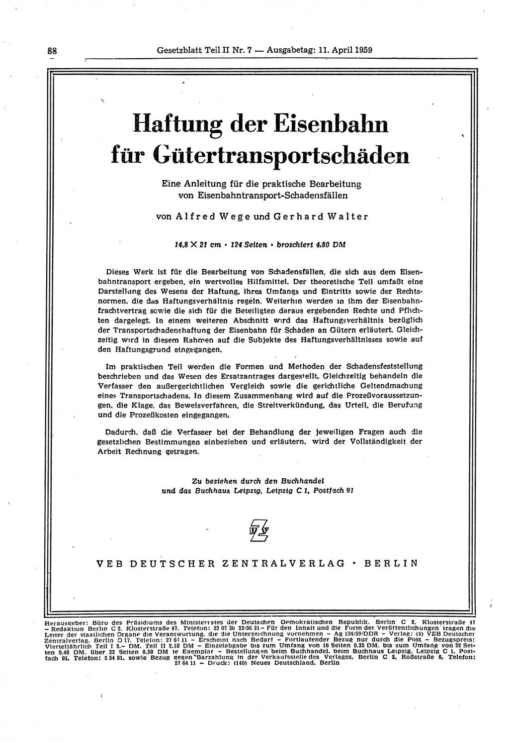 Gesetzblatt (GBl.) der Deutschen Demokratischen Republik (DDR) Teil ⅠⅠ 1959, Seite 88 (GBl. DDR ⅠⅠ 1959, S. 88)