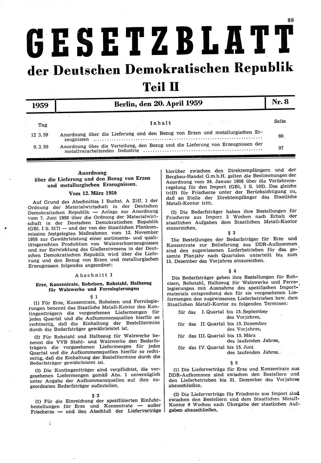 Gesetzblatt (GBl.) der Deutschen Demokratischen Republik (DDR) Teil ⅠⅠ 1959, Seite 89 (GBl. DDR ⅠⅠ 1959, S. 89)