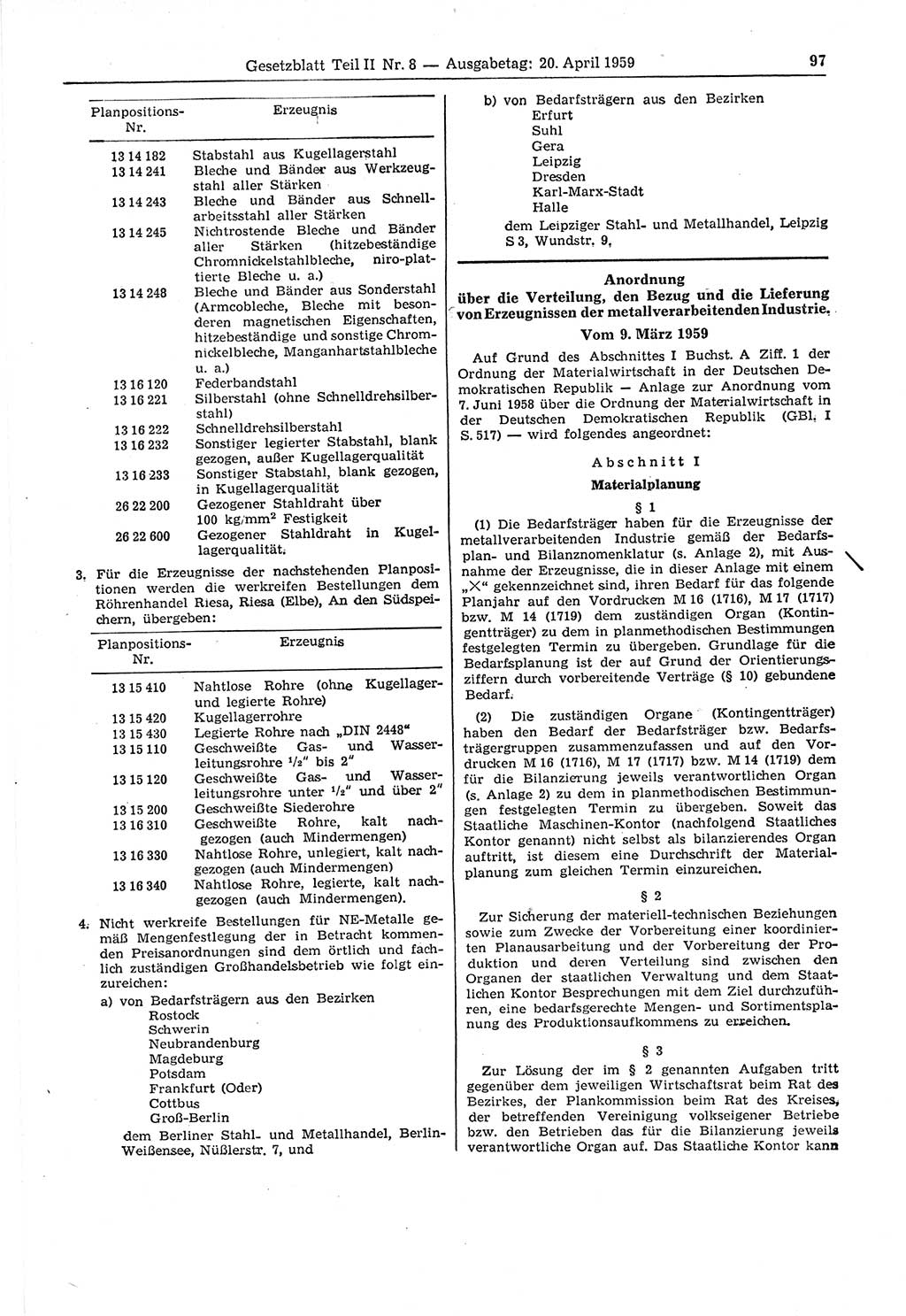 Gesetzblatt (GBl.) der Deutschen Demokratischen Republik (DDR) Teil ⅠⅠ 1959, Seite 97 (GBl. DDR ⅠⅠ 1959, S. 97)