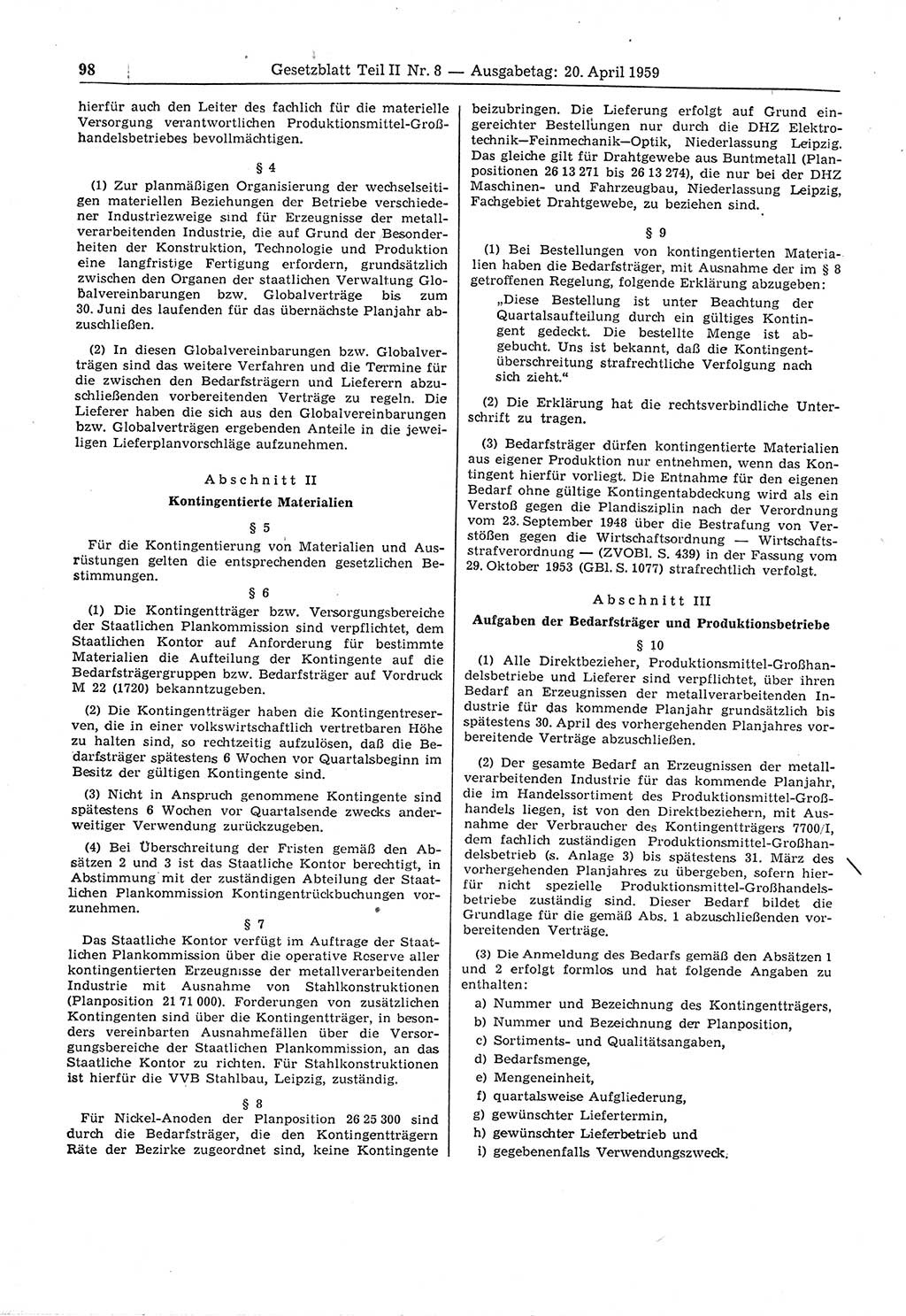 Gesetzblatt (GBl.) der Deutschen Demokratischen Republik (DDR) Teil ⅠⅠ 1959, Seite 98 (GBl. DDR ⅠⅠ 1959, S. 98)