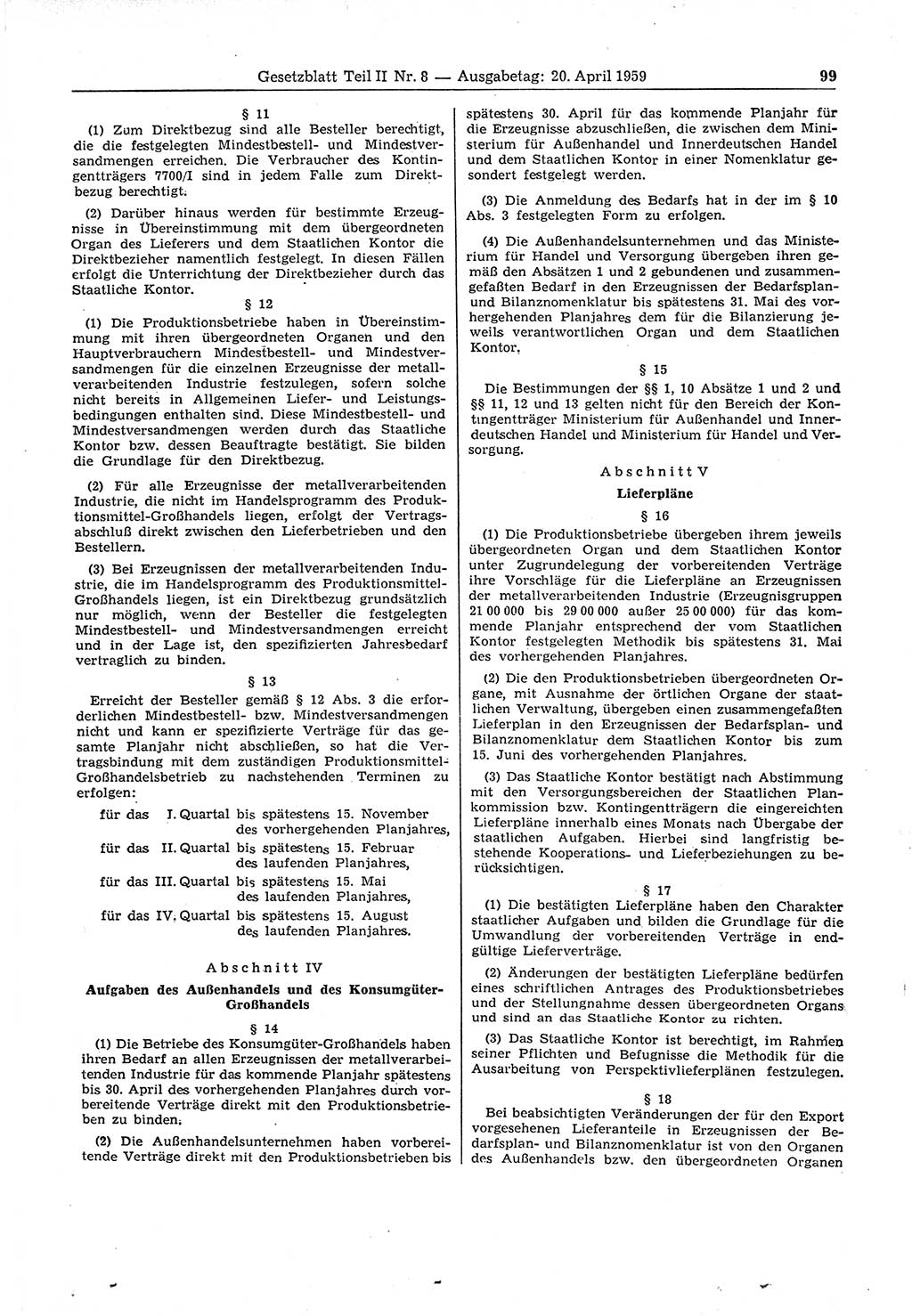 Gesetzblatt (GBl.) der Deutschen Demokratischen Republik (DDR) Teil ⅠⅠ 1959, Seite 99 (GBl. DDR ⅠⅠ 1959, S. 99)