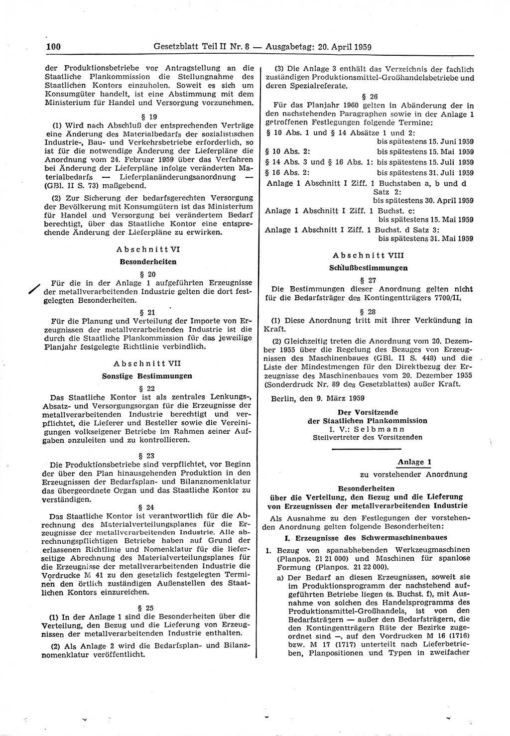 Gesetzblatt (GBl.) der Deutschen Demokratischen Republik (DDR) Teil ⅠⅠ 1959, Seite 100 (GBl. DDR ⅠⅠ 1959, S. 100)