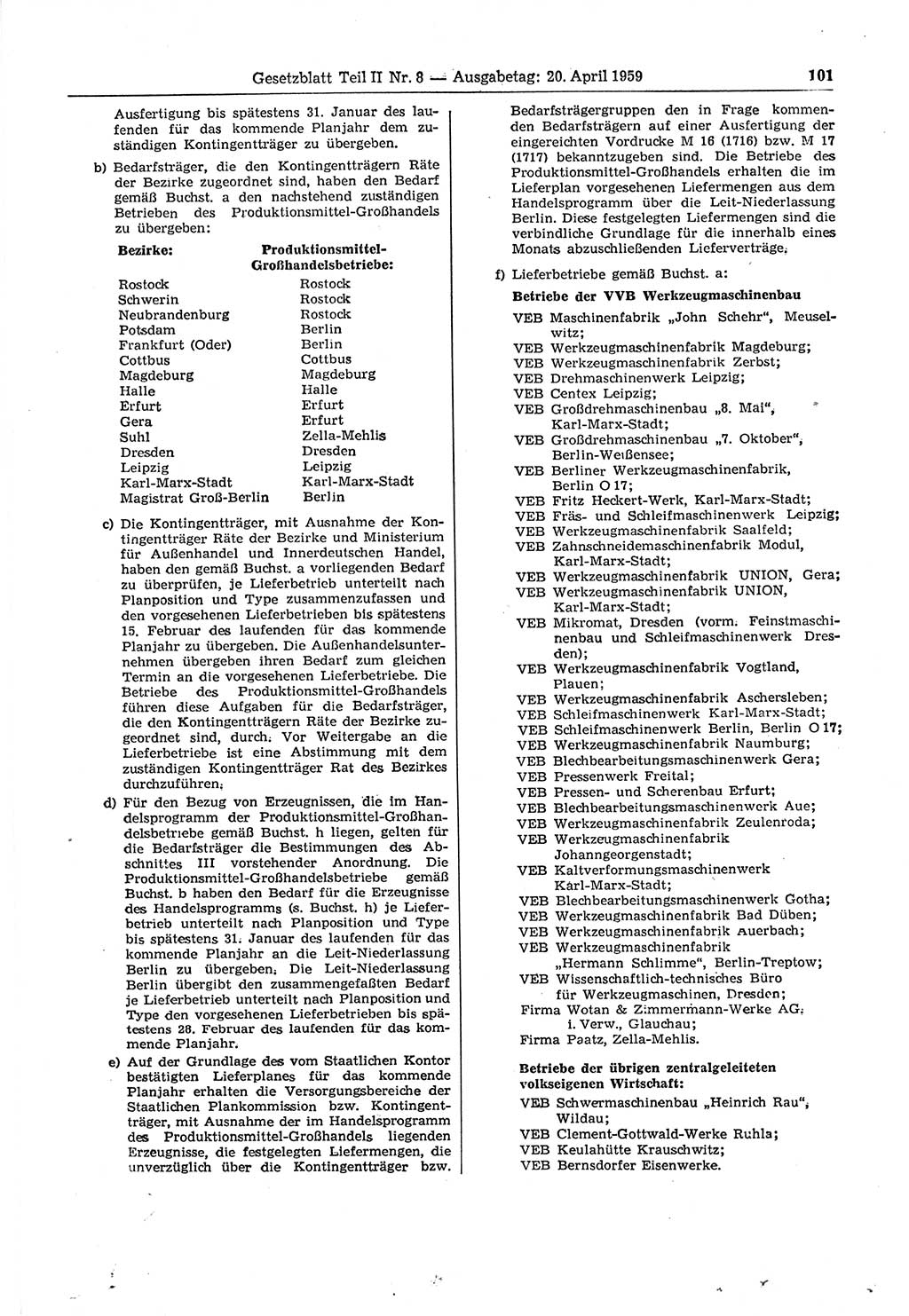 Gesetzblatt (GBl.) der Deutschen Demokratischen Republik (DDR) Teil ⅠⅠ 1959, Seite 101 (GBl. DDR ⅠⅠ 1959, S. 101)
