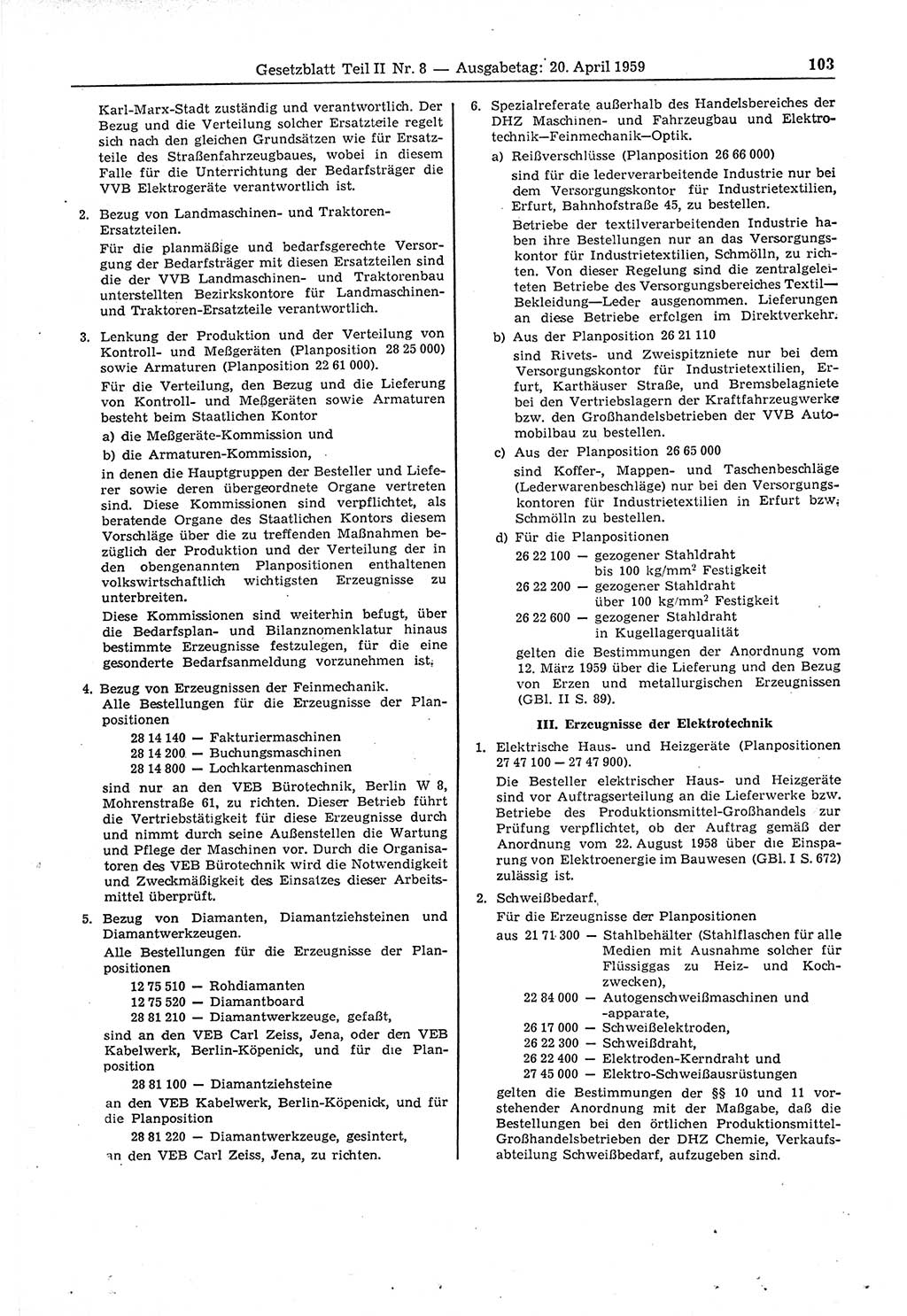 Gesetzblatt (GBl.) der Deutschen Demokratischen Republik (DDR) Teil ⅠⅠ 1959, Seite 103 (GBl. DDR ⅠⅠ 1959, S. 103)