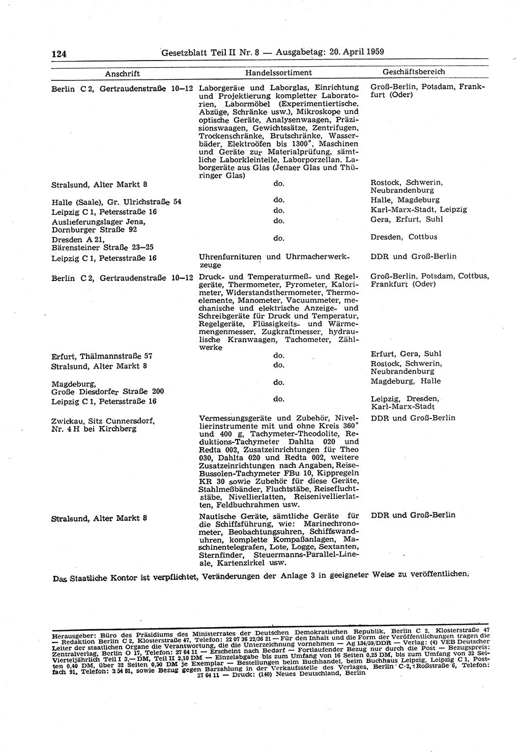 Gesetzblatt (GBl.) der Deutschen Demokratischen Republik (DDR) Teil ⅠⅠ 1959, Seite 124 (GBl. DDR ⅠⅠ 1959, S. 124)