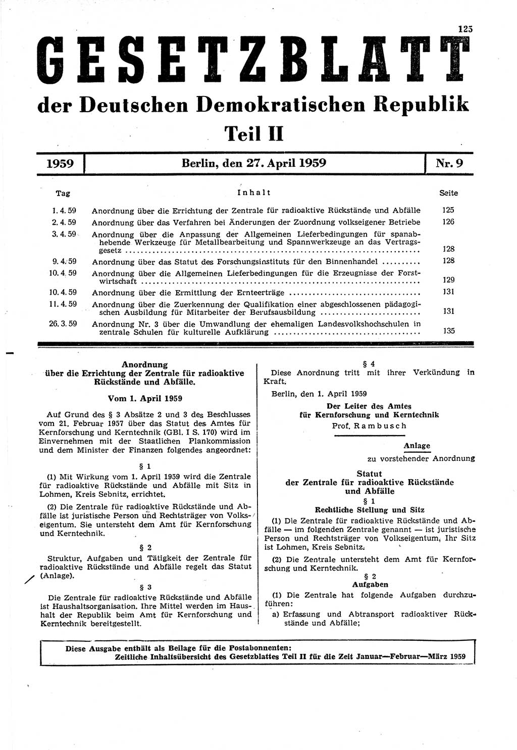 Gesetzblatt (GBl.) der Deutschen Demokratischen Republik (DDR) Teil ⅠⅠ 1959, Seite 125 (GBl. DDR ⅠⅠ 1959, S. 125)
