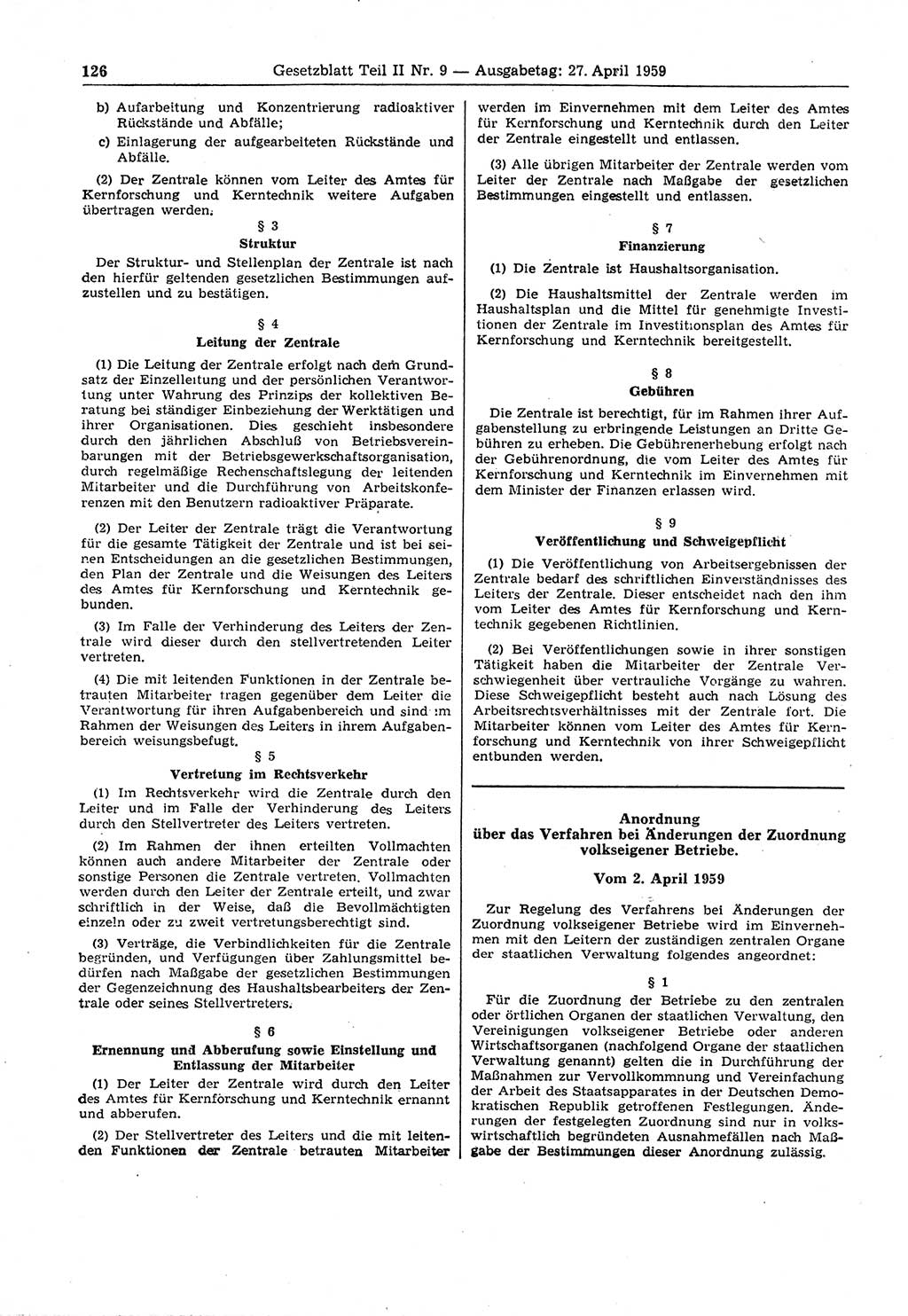 Gesetzblatt (GBl.) der Deutschen Demokratischen Republik (DDR) Teil ⅠⅠ 1959, Seite 126 (GBl. DDR ⅠⅠ 1959, S. 126)