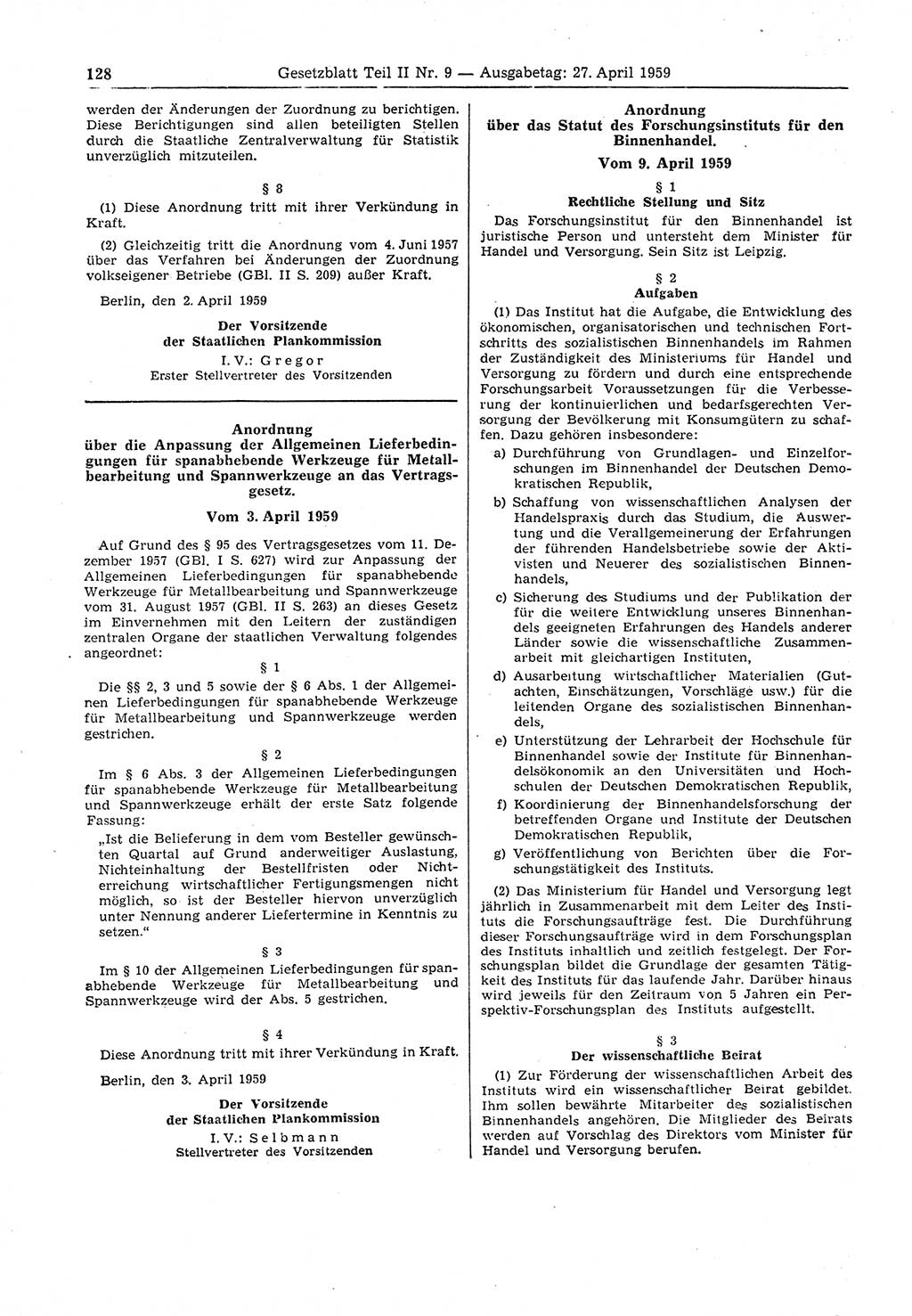 Gesetzblatt (GBl.) der Deutschen Demokratischen Republik (DDR) Teil ⅠⅠ 1959, Seite 128 (GBl. DDR ⅠⅠ 1959, S. 128)