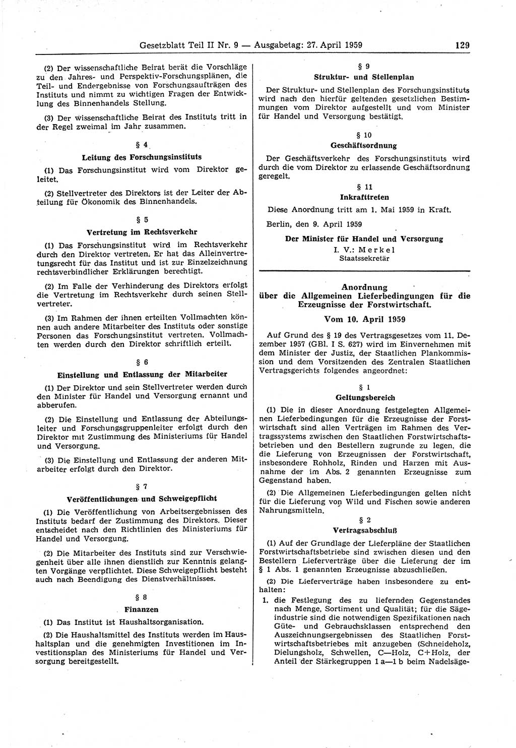 Gesetzblatt (GBl.) der Deutschen Demokratischen Republik (DDR) Teil ⅠⅠ 1959, Seite 129 (GBl. DDR ⅠⅠ 1959, S. 129)