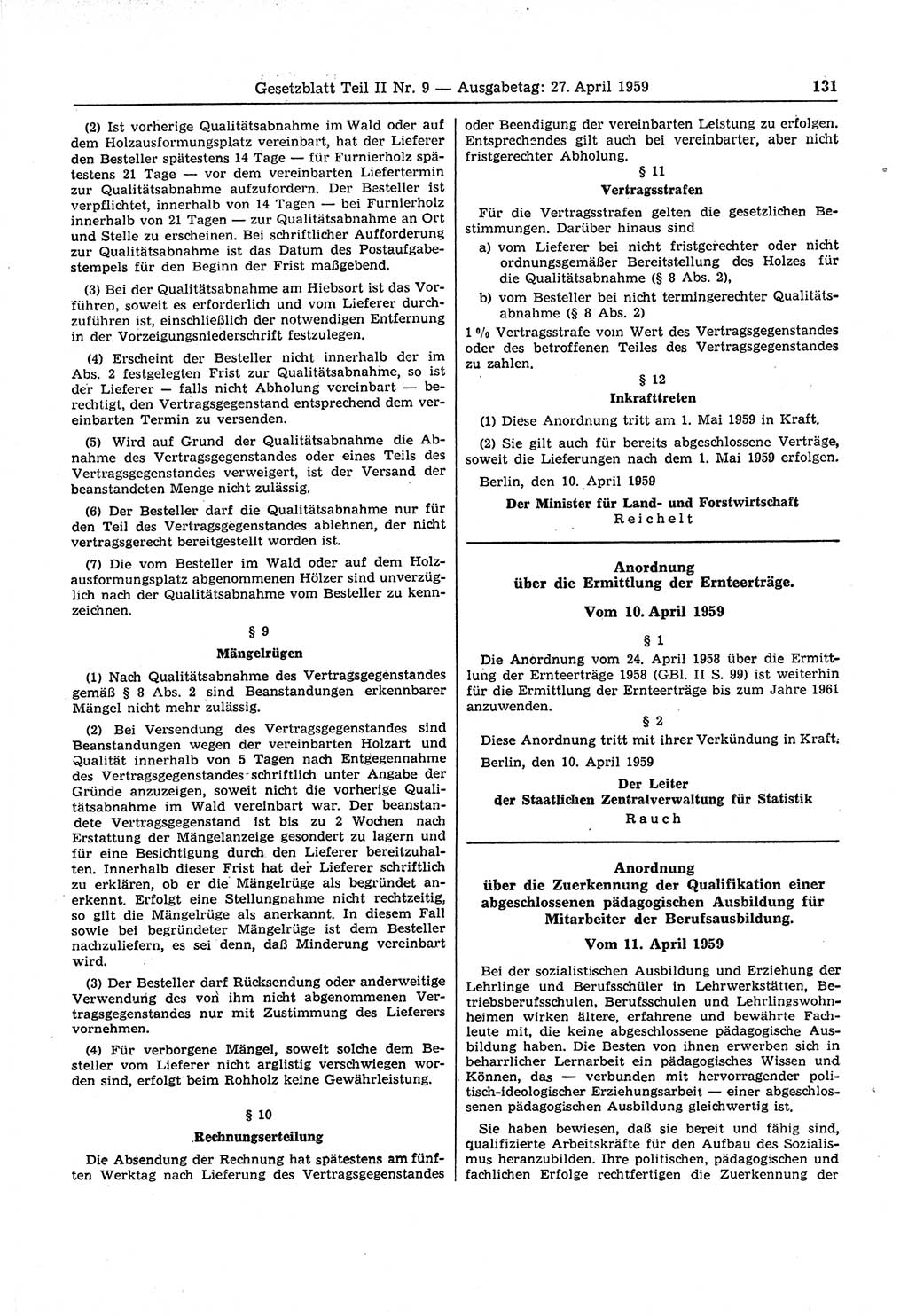 Gesetzblatt (GBl.) der Deutschen Demokratischen Republik (DDR) Teil ⅠⅠ 1959, Seite 131 (GBl. DDR ⅠⅠ 1959, S. 131)