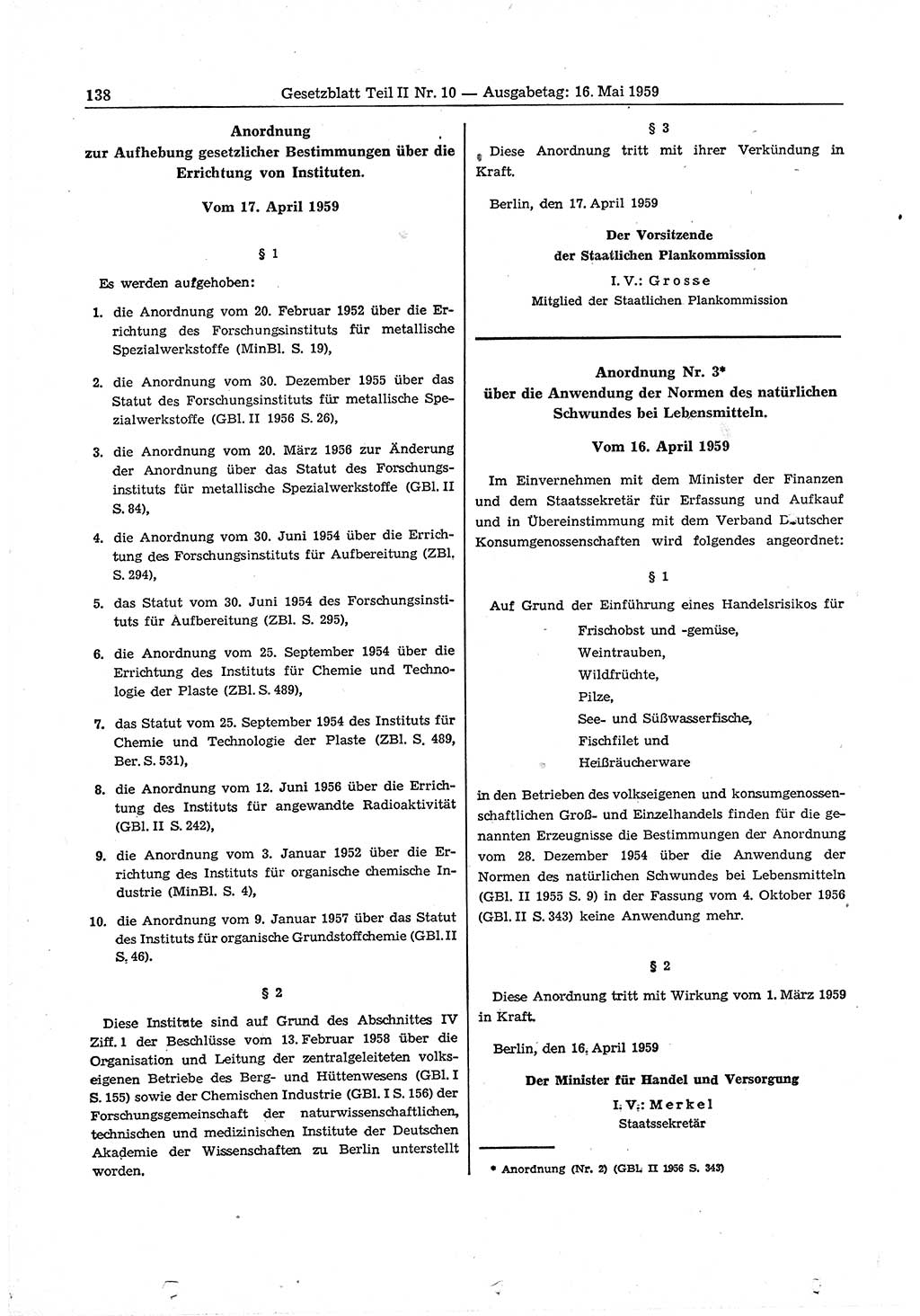 Gesetzblatt (GBl.) der Deutschen Demokratischen Republik (DDR) Teil ⅠⅠ 1959, Seite 138 (GBl. DDR ⅠⅠ 1959, S. 138)