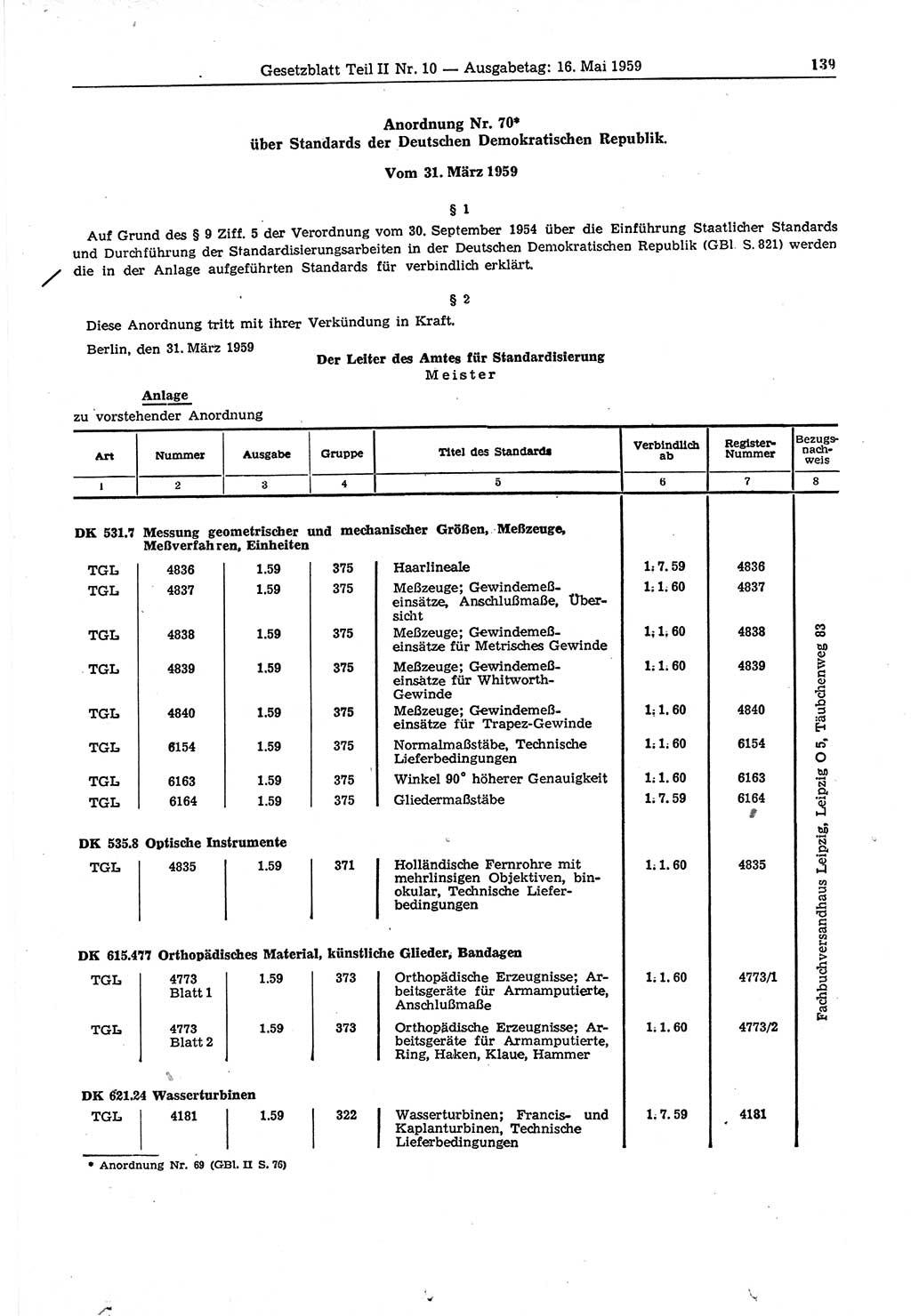 Gesetzblatt (GBl.) der Deutschen Demokratischen Republik (DDR) Teil ⅠⅠ 1959, Seite 139 (GBl. DDR ⅠⅠ 1959, S. 139)