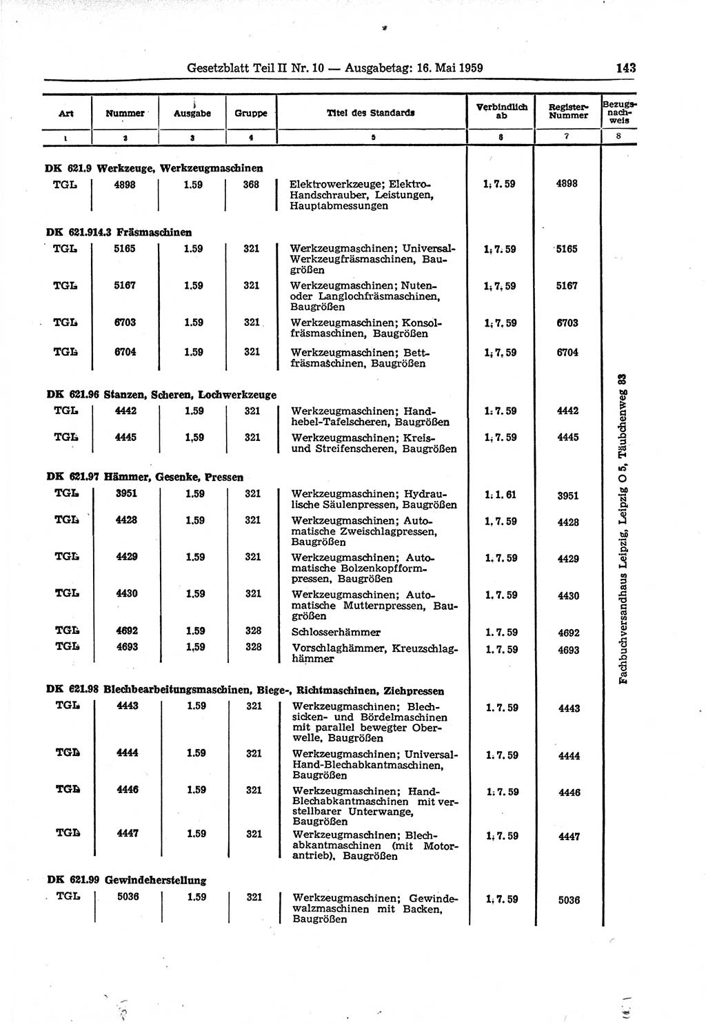 Gesetzblatt (GBl.) der Deutschen Demokratischen Republik (DDR) Teil ⅠⅠ 1959, Seite 143 (GBl. DDR ⅠⅠ 1959, S. 143)