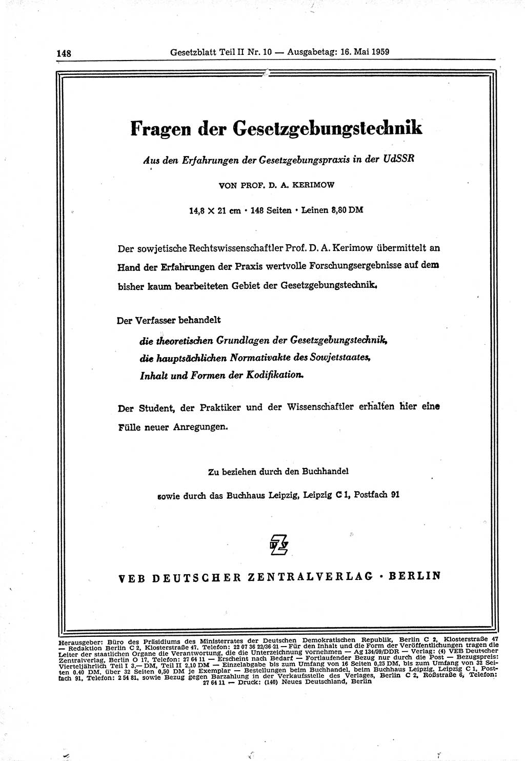 Gesetzblatt (GBl.) der Deutschen Demokratischen Republik (DDR) Teil ⅠⅠ 1959, Seite 148 (GBl. DDR ⅠⅠ 1959, S. 148)