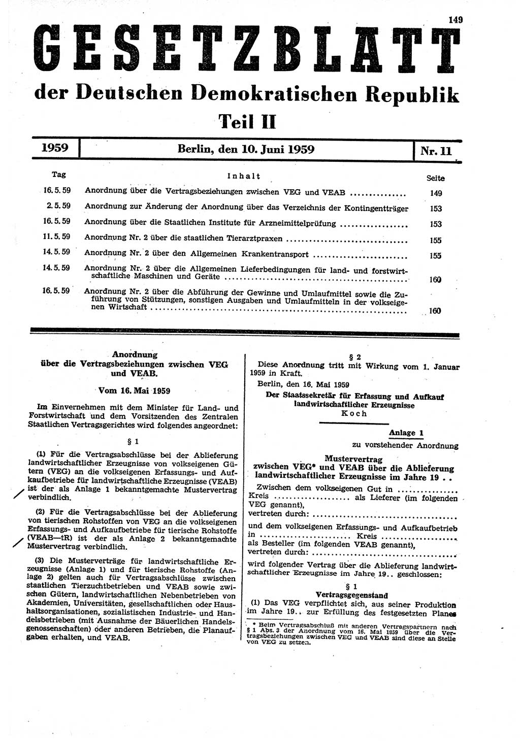 Gesetzblatt (GBl.) der Deutschen Demokratischen Republik (DDR) Teil ⅠⅠ 1959, Seite 149 (GBl. DDR ⅠⅠ 1959, S. 149)