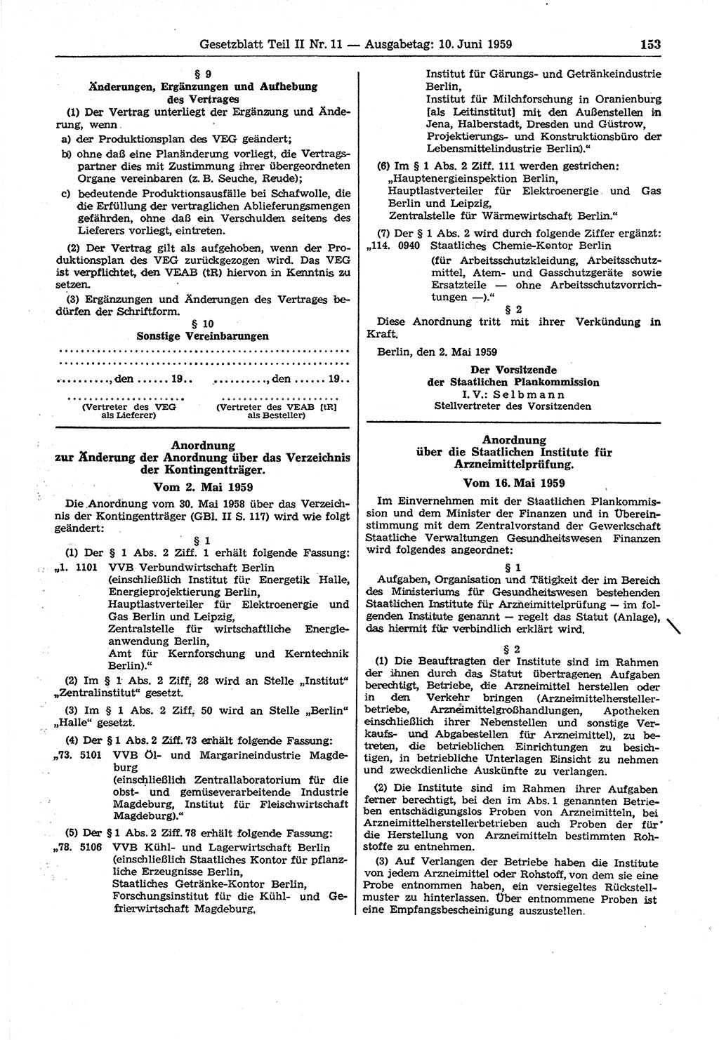 Gesetzblatt (GBl.) der Deutschen Demokratischen Republik (DDR) Teil ⅠⅠ 1959, Seite 153 (GBl. DDR ⅠⅠ 1959, S. 153)
