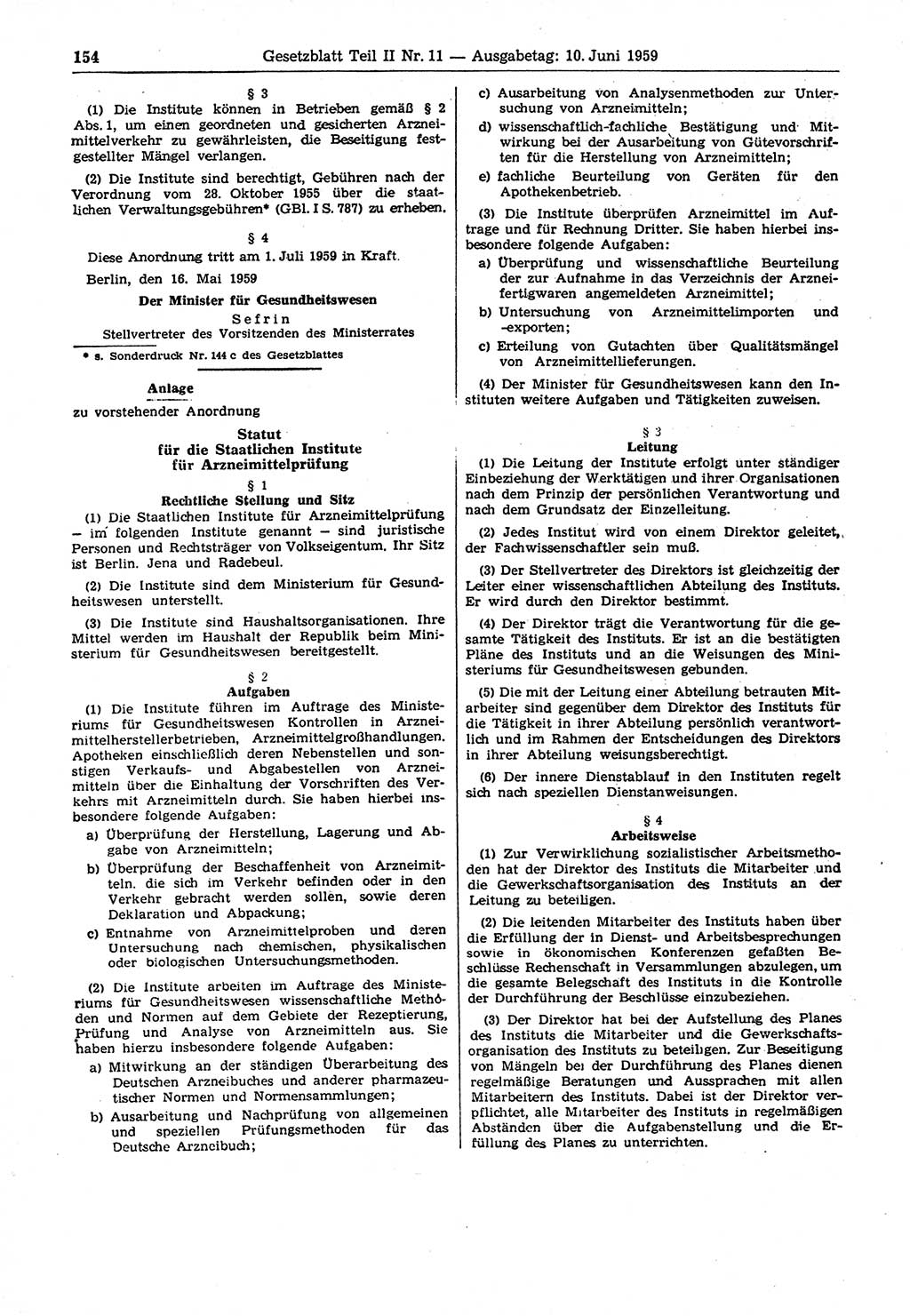 Gesetzblatt (GBl.) der Deutschen Demokratischen Republik (DDR) Teil ⅠⅠ 1959, Seite 154 (GBl. DDR ⅠⅠ 1959, S. 154)