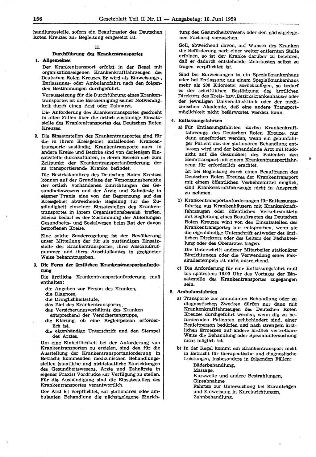 Gesetzblatt (GBl.) der Deutschen Demokratischen Republik (DDR) Teil ⅠⅠ 1959, Seite 156 (GBl. DDR ⅠⅠ 1959, S. 156)