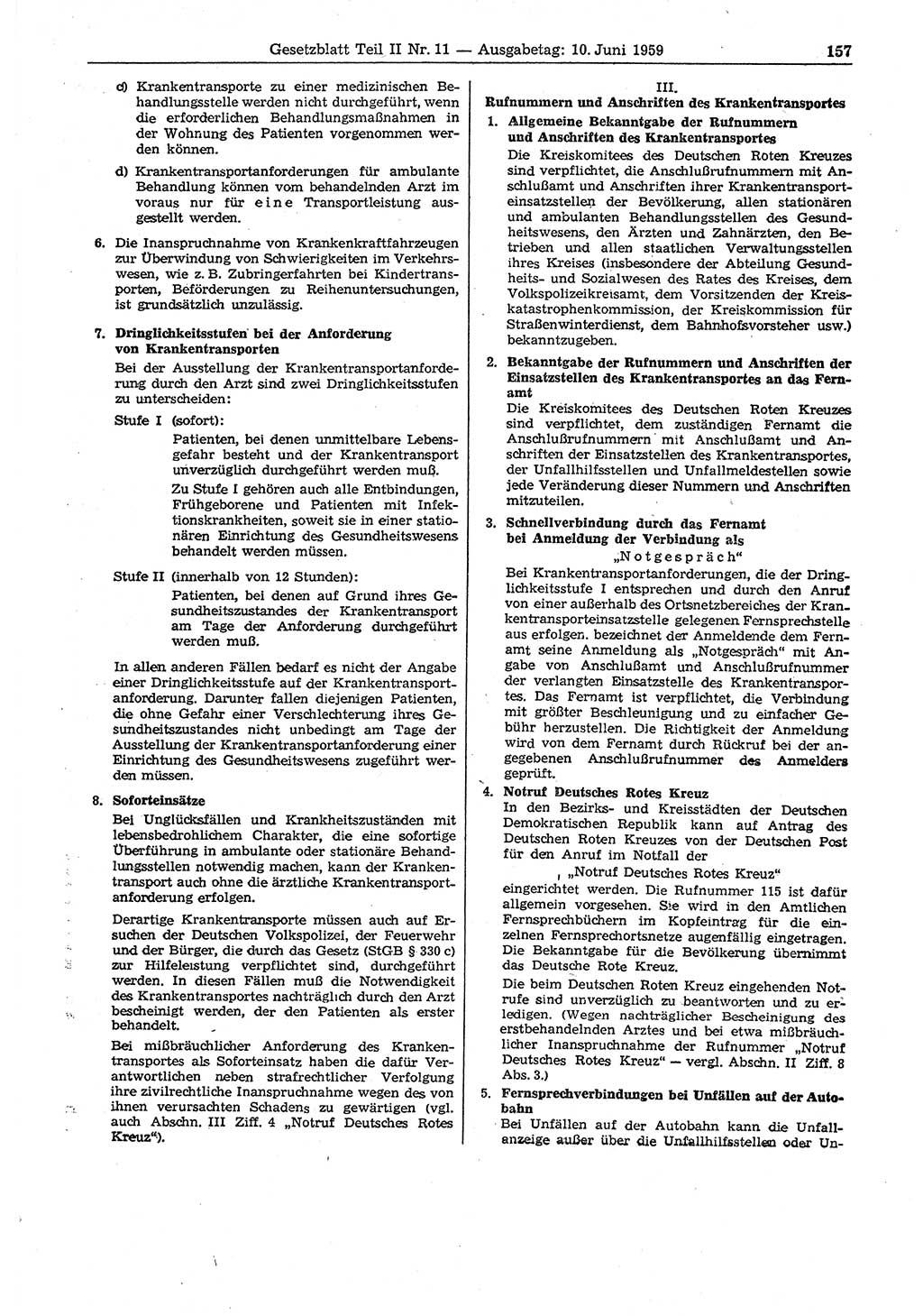 Gesetzblatt (GBl.) der Deutschen Demokratischen Republik (DDR) Teil ⅠⅠ 1959, Seite 157 (GBl. DDR ⅠⅠ 1959, S. 157)