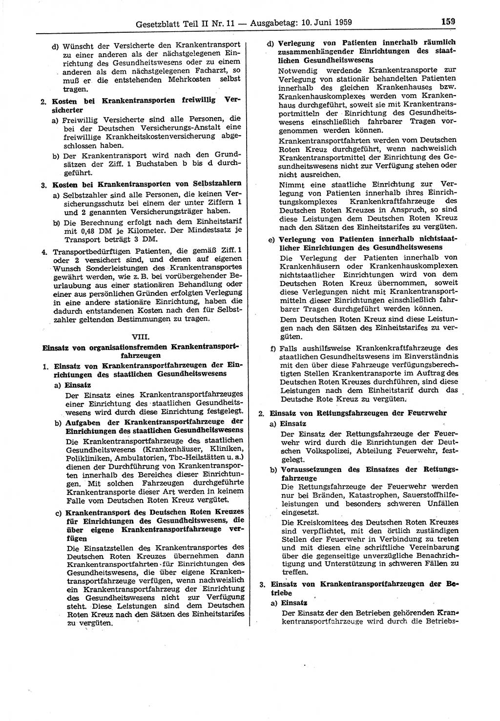 Gesetzblatt (GBl.) der Deutschen Demokratischen Republik (DDR) Teil ⅠⅠ 1959, Seite 159 (GBl. DDR ⅠⅠ 1959, S. 159)