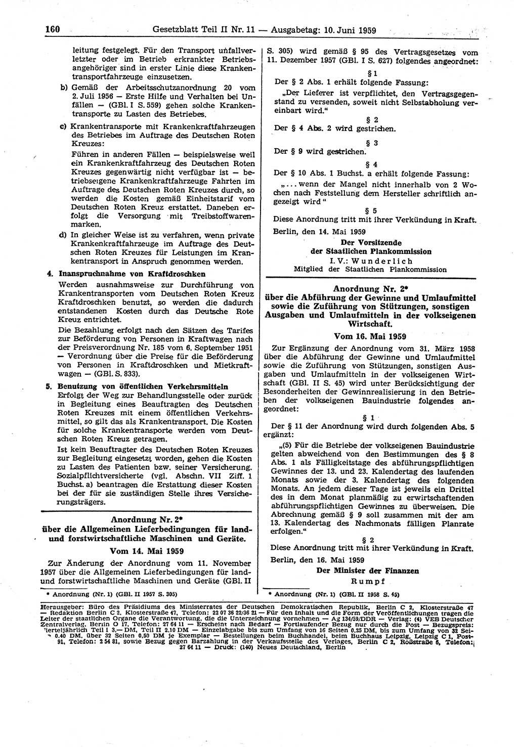 Gesetzblatt (GBl.) der Deutschen Demokratischen Republik (DDR) Teil ⅠⅠ 1959, Seite 160 (GBl. DDR ⅠⅠ 1959, S. 160)