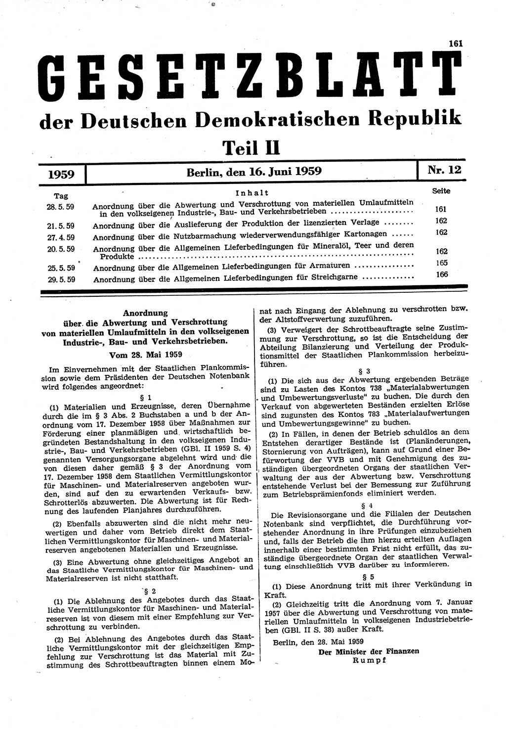Gesetzblatt (GBl.) der Deutschen Demokratischen Republik (DDR) Teil ⅠⅠ 1959, Seite 161 (GBl. DDR ⅠⅠ 1959, S. 161)