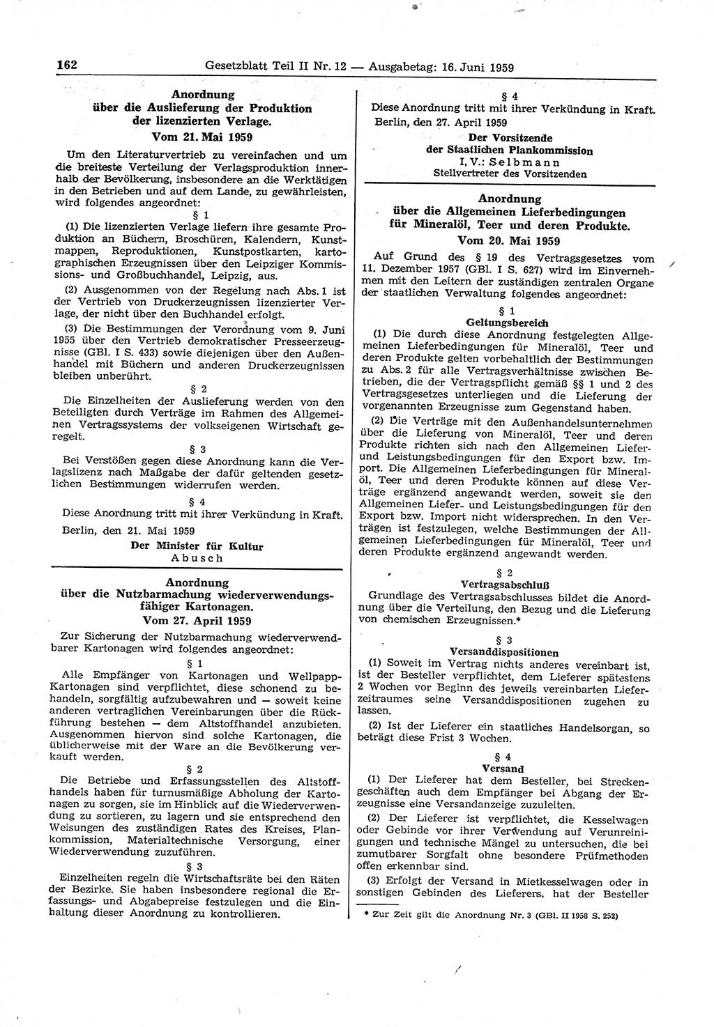 Gesetzblatt (GBl.) der Deutschen Demokratischen Republik (DDR) Teil ⅠⅠ 1959, Seite 162 (GBl. DDR ⅠⅠ 1959, S. 162)