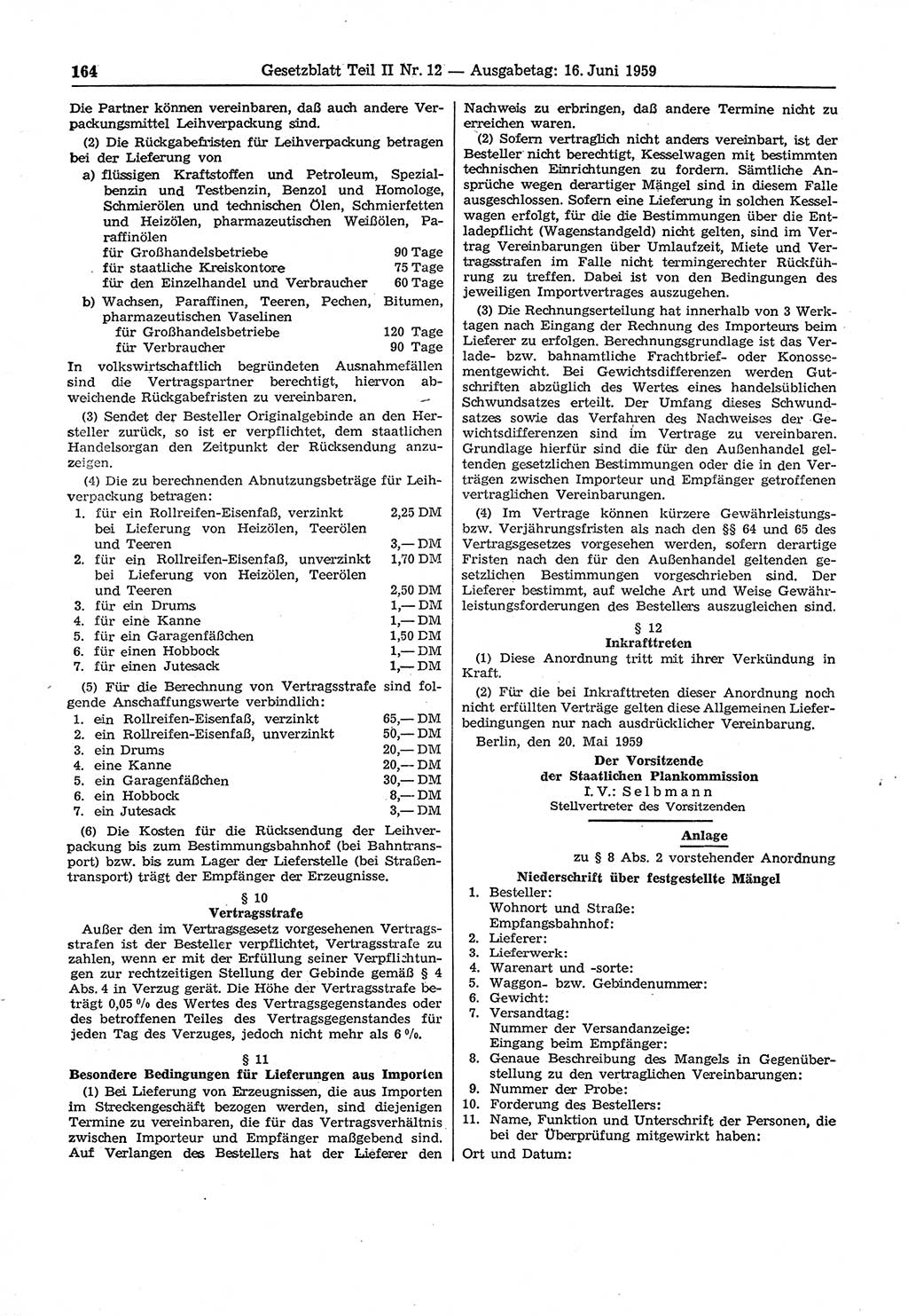 Gesetzblatt (GBl.) der Deutschen Demokratischen Republik (DDR) Teil ⅠⅠ 1959, Seite 164 (GBl. DDR ⅠⅠ 1959, S. 164)