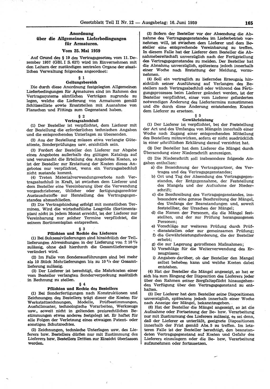 Gesetzblatt (GBl.) der Deutschen Demokratischen Republik (DDR) Teil ⅠⅠ 1959, Seite 165 (GBl. DDR ⅠⅠ 1959, S. 165)